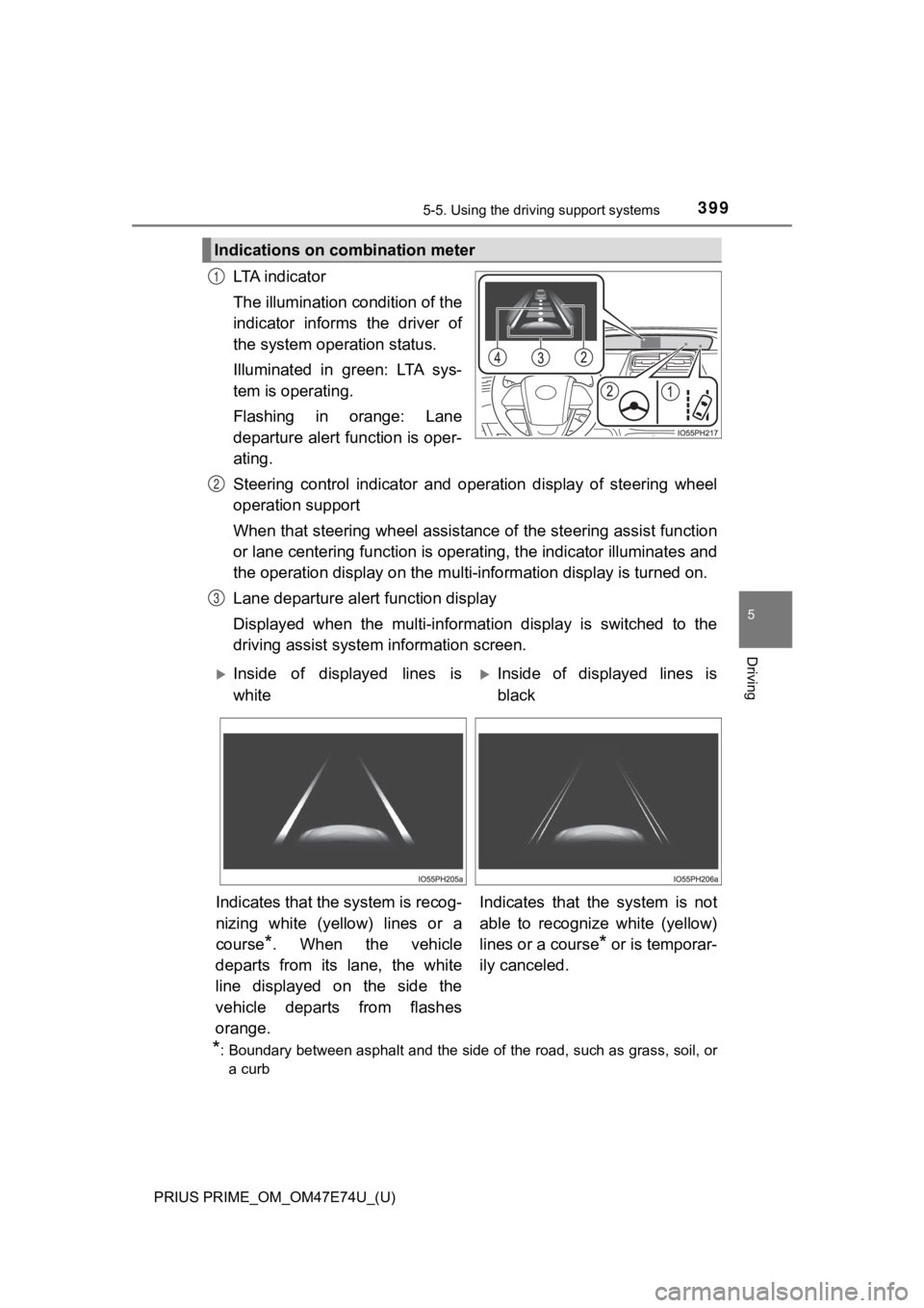 TOYOTA PRIUS PRIME 2022  Owners Manual PRIUS PRIME_OM_OM47E74U_(U)
3995-5. Using the driving support systems
5
Driving
LTA  i n d i c a t o r
The illumination condition of the
indicator  informs  the  driver  of
the system operation status