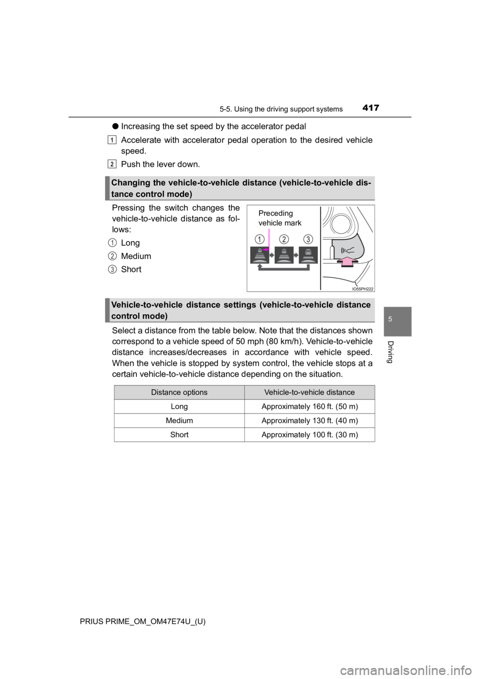 TOYOTA PRIUS PRIME 2022 Owners Manual PRIUS PRIME_OM_OM47E74U_(U)
4175-5. Using the driving support systems
5
Driving
●Increasing the set speed by the accelerator pedal
Accelerate with accelerator pedal operation to the desired TOYOTA PRIUS PRIME 2022 Owners Manual PRIUS PRIME_OM_OM47E74U_(U)
4175-5. Using the driving support systems
5
Driving
●Increasing the set speed by the accelerator pedal
Accelerate with accelerator pedal operation to the desired
