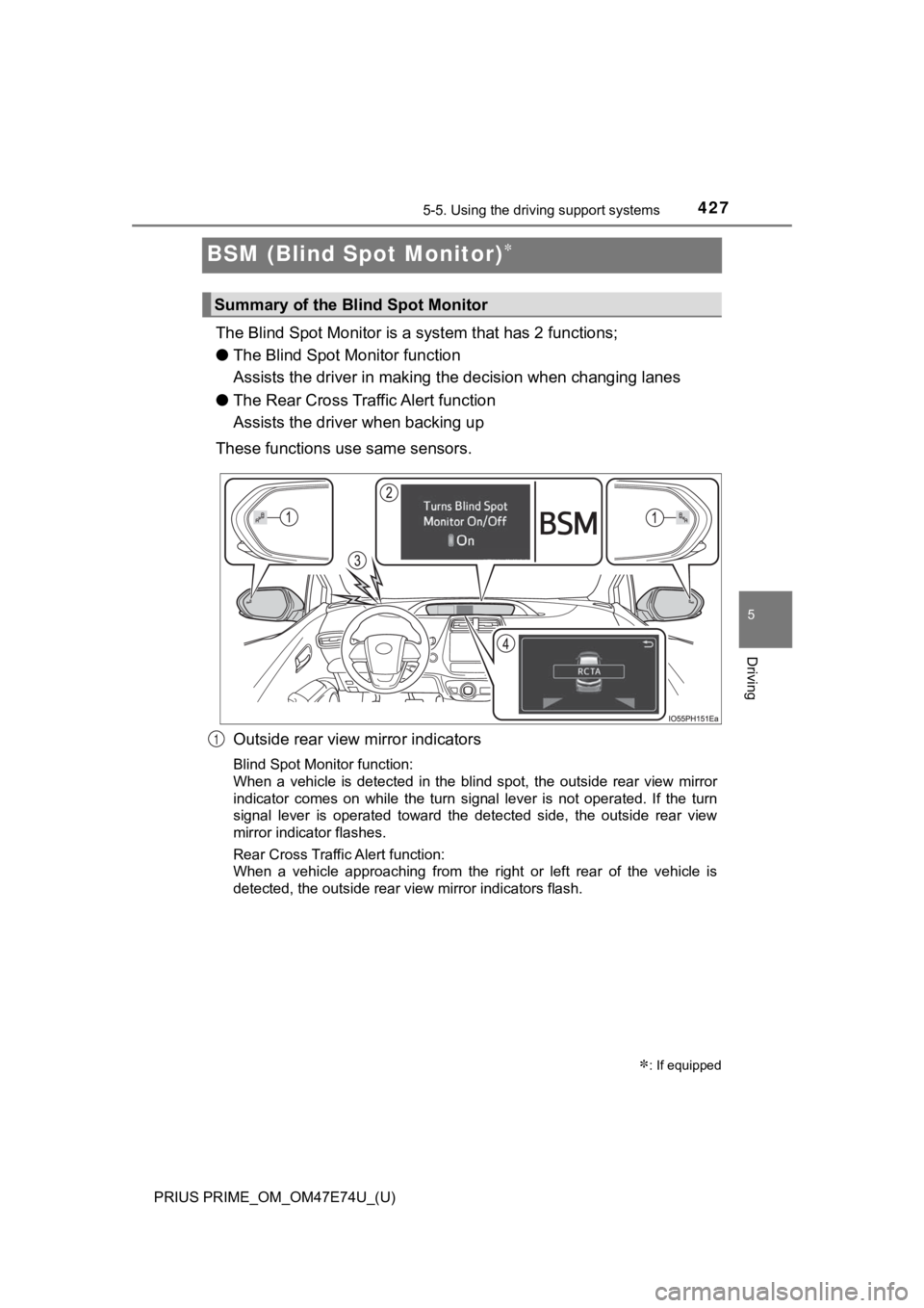 TOYOTA PRIUS PRIME 2022 Owners Manual 427
PRIUS PRIME_OM_OM47E74U_(U)
5-5. Using the driving support systems
5
Driving
BSM (Blind Spot Monitor)
The Blind Spot Monitor is a system that has 2 functions;
● The Blind Spot M onitor funct TOYOTA PRIUS PRIME 2022 Owners Manual 427
PRIUS PRIME_OM_OM47E74U_(U)
5-5. Using the driving support systems
5
Driving
BSM (Blind Spot Monitor)
The Blind Spot Monitor is a system that has 2 functions;
● The Blind Spot M onitor funct