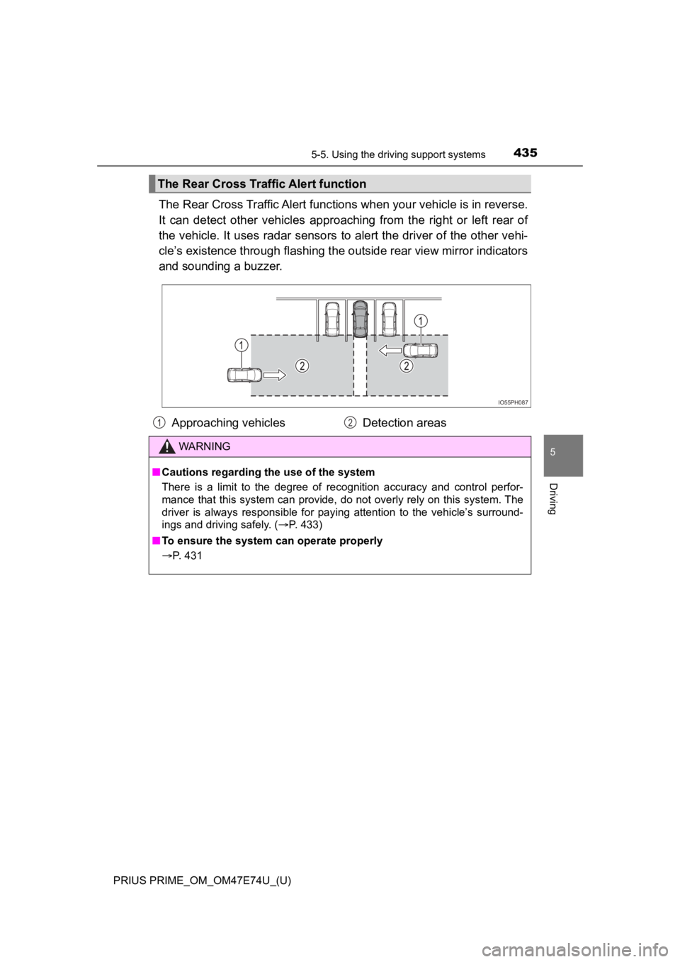 TOYOTA PRIUS PRIME 2022 Owners Manual PRIUS PRIME_OM_OM47E74U_(U)
4355-5. Using the driving support systems
5
Driving
The Rear Cross Traffic Alert functions when your vehicle is in reverse.
It can detect other vehicles approaching f TOYOTA PRIUS PRIME 2022 Owners Manual PRIUS PRIME_OM_OM47E74U_(U)
4355-5. Using the driving support systems
5
Driving
The Rear Cross Traffic Alert functions when your vehicle is in reverse.
It can detect other vehicles approaching f