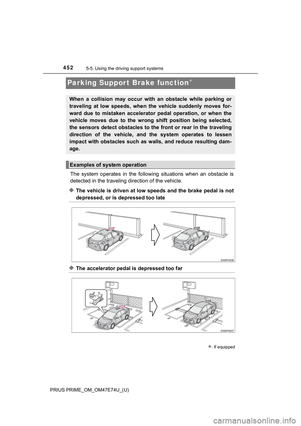 TOYOTA PRIUS PRIME 2022 Owners Manual 452
PRIUS PRIME_OM_OM47E74U_(U)
5-5. Using the driving support systems
Parking Suppor t Brake function
The system operates in the follo wing situations when an obstacle is
detected in the TOYOTA PRIUS PRIME 2022 Owners Manual 452
PRIUS PRIME_OM_OM47E74U_(U)
5-5. Using the driving support systems
Parking Suppor t Brake function
The system operates in the follo wing situations when an obstacle is
detected in the