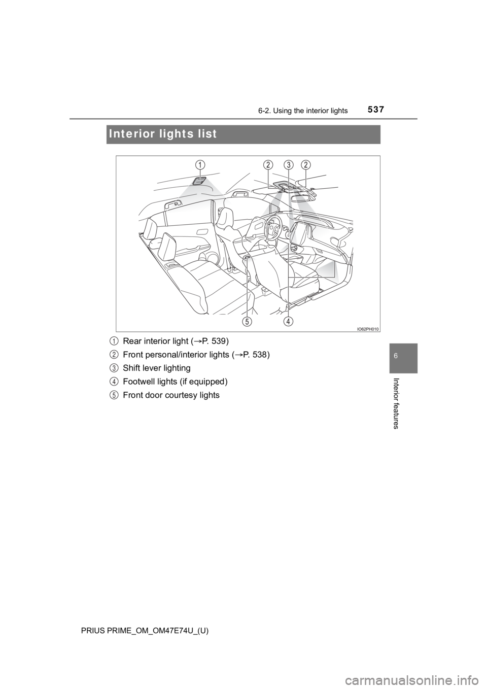 TOYOTA PRIUS PRIME 2022  Owners Manual 537
PRIUS PRIME_OM_OM47E74U_(U)
6-2. Using the interior lights
6
Interior features
Interior lights list
Rear interior light ( P. 539)
Front personal/interior lights ( P. 538)
Shift lever lightin
