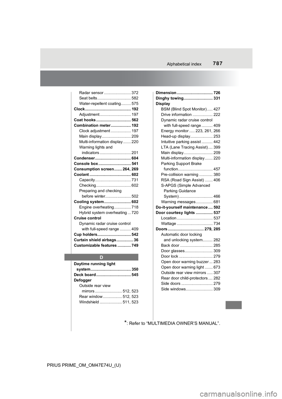 TOYOTA PRIUS PRIME 2022 Owners Manual 787Alphabetical index
PRIUS PRIME_OM_OM47E74U_(U)
Radar sensor ........................ 372
Seat belts .............................. 582
Water-repellent coating......... 575
Clock ................... TOYOTA PRIUS PRIME 2022 Owners Manual 787Alphabetical index
PRIUS PRIME_OM_OM47E74U_(U)
Radar sensor ........................ 372
Seat belts .............................. 582
Water-repellent coating......... 575
Clock ...................