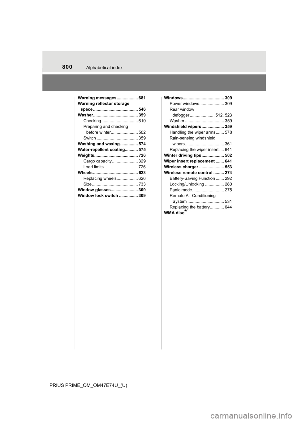 TOYOTA PRIUS PRIME 2022 Owners Manual 800Alphabetical index
PRIUS PRIME_OM_OM47E74U_(U)
Warning messages .................. 681
Warning reflector storage space ...................................... 546
Washer............................. TOYOTA PRIUS PRIME 2022 Owners Manual 800Alphabetical index
PRIUS PRIME_OM_OM47E74U_(U)
Warning messages .................. 681
Warning reflector storage space ...................................... 546
Washer.............................