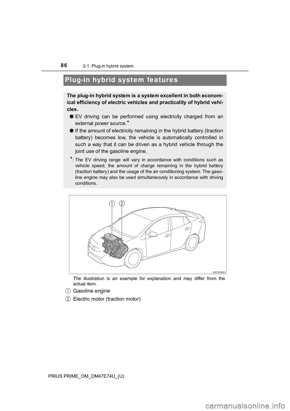 TOYOTA PRIUS PRIME 2022  Owners Manual 86
PRIUS PRIME_OM_OM47E74U_(U)
2-1. Plug-in hybrid system
Plug-in hybrid system features
The  illustration  is  an  example  for  explanation  and  may  differ  from  the
actual item.
Gasoline engine
