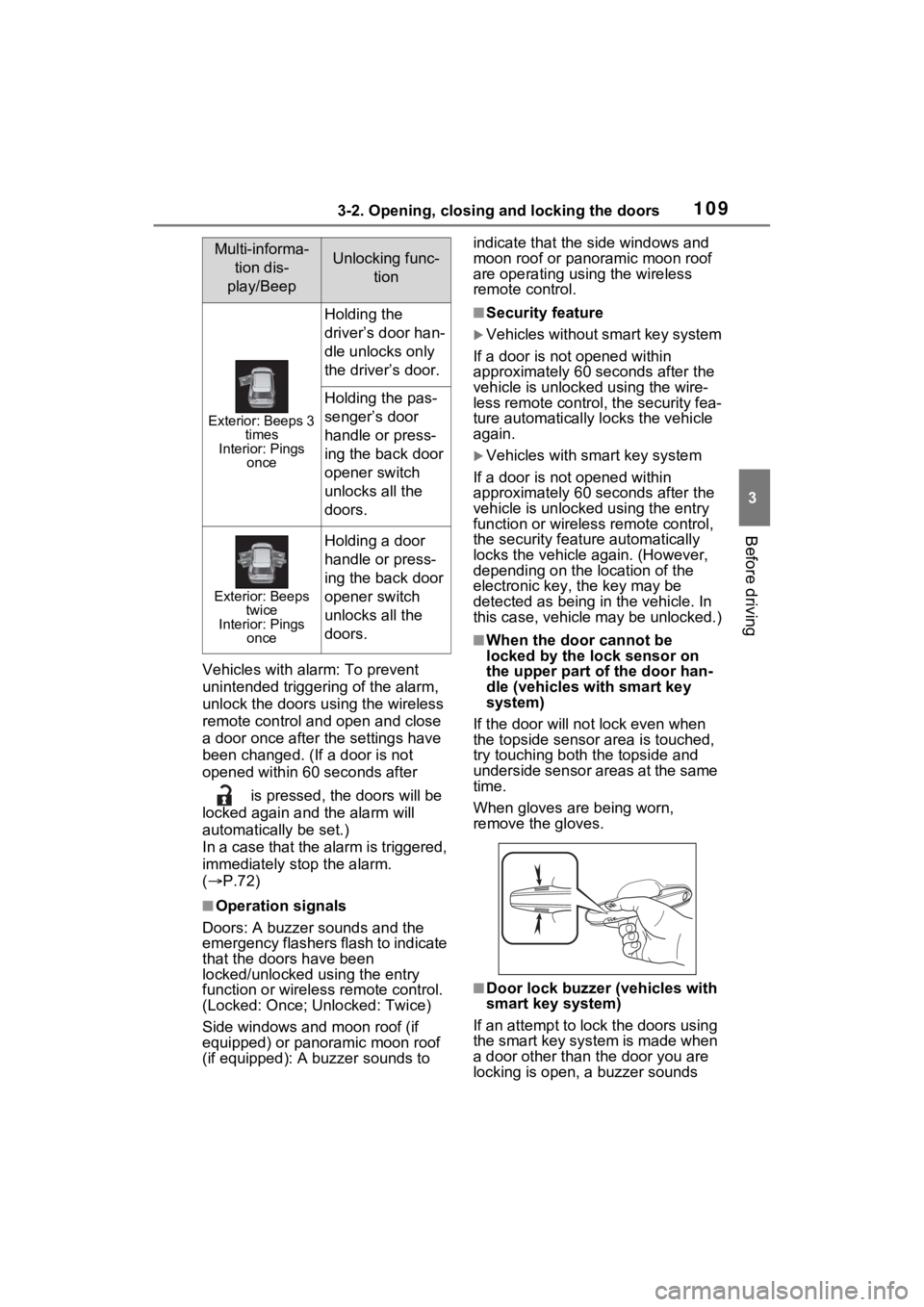 TOYOTA RAV4 2022 Owners Manual 1093-2. Opening, closing and locking the doors
3
Before driving
Vehicles with alarm: To prevent
unintended triggering of the alarm,
unlock the doors using the wireless
remote control and open and c TOYOTA RAV4 2022 Owners Manual 1093-2. Opening, closing and locking the doors
3
Before driving
Vehicles with alarm: To prevent
unintended triggering of the alarm,
unlock the doors using the wireless
remote control and open and c