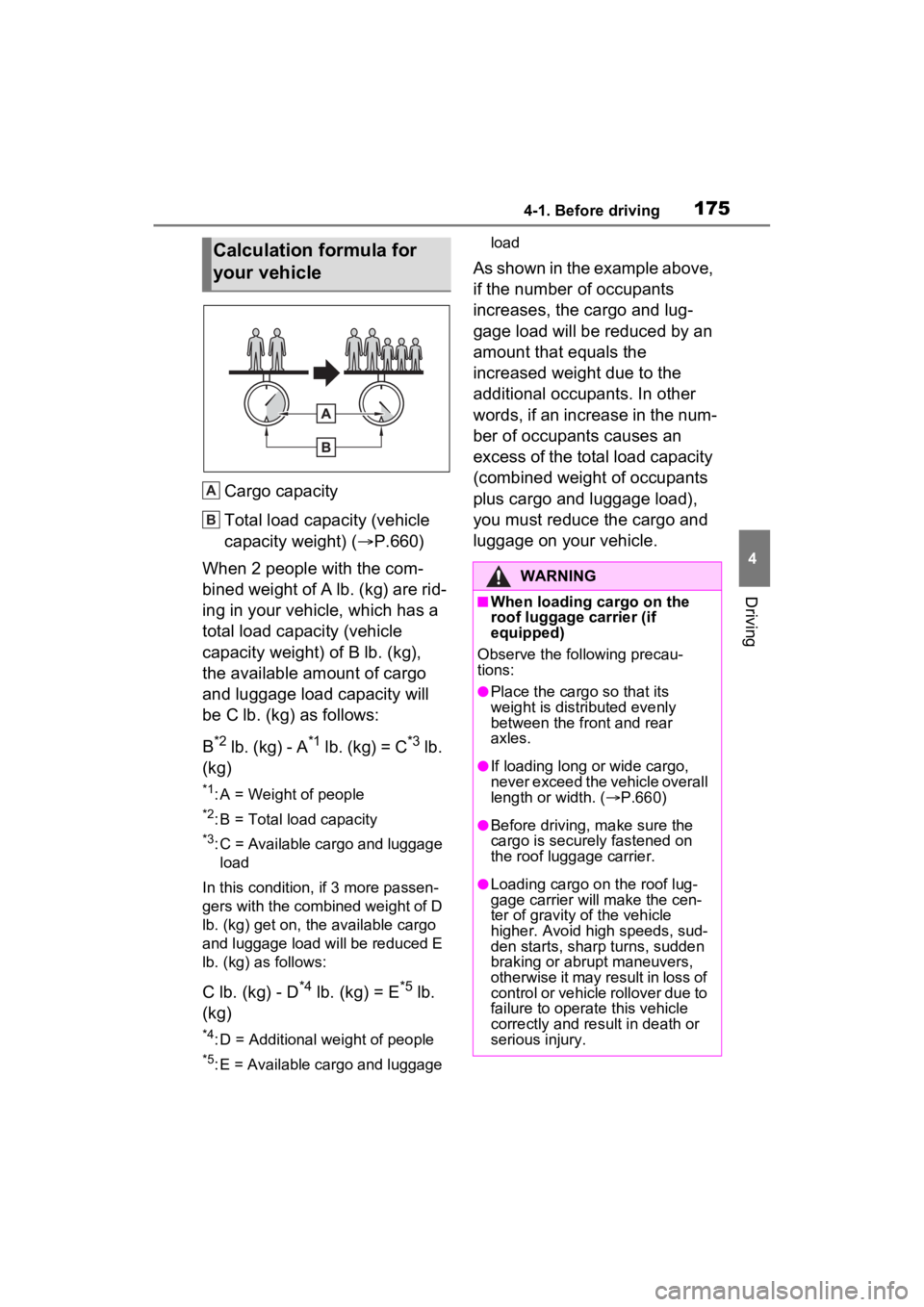 TOYOTA RAV4 2022  Owners Manual 1754-1. Before driving
4
Driving
Cargo capacity
Total load capacity (vehicle 
capacity weight) (P.660)
When 2 people with the com-
bined weight of A lb. (kg) are rid-
ing in your vehicle, which has