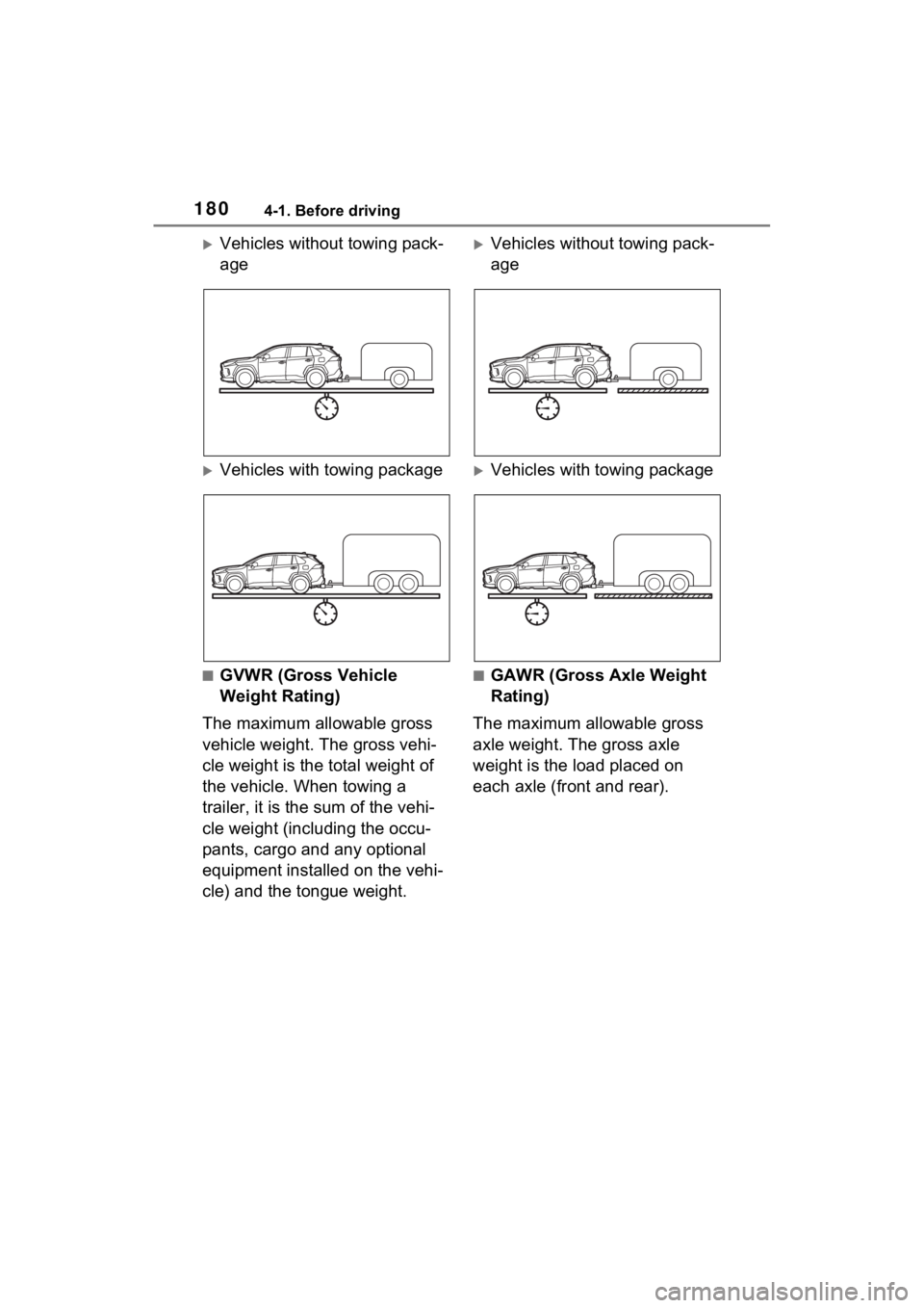 TOYOTA RAV4 2022 Owners Manual 1804-1. Before driving
Vehicles without towing pack-
age
Vehicles with towing package
■GVWR (Gross Vehicle
Weight Rating)
The maximum allowable gross
vehicle weight. The gross vehi-
cle weig TOYOTA RAV4 2022 Owners Manual 1804-1. Before driving
Vehicles without towing pack-
age
Vehicles with towing package
■GVWR (Gross Vehicle
Weight Rating)
The maximum allowable gross
vehicle weight. The gross vehi-
cle weig