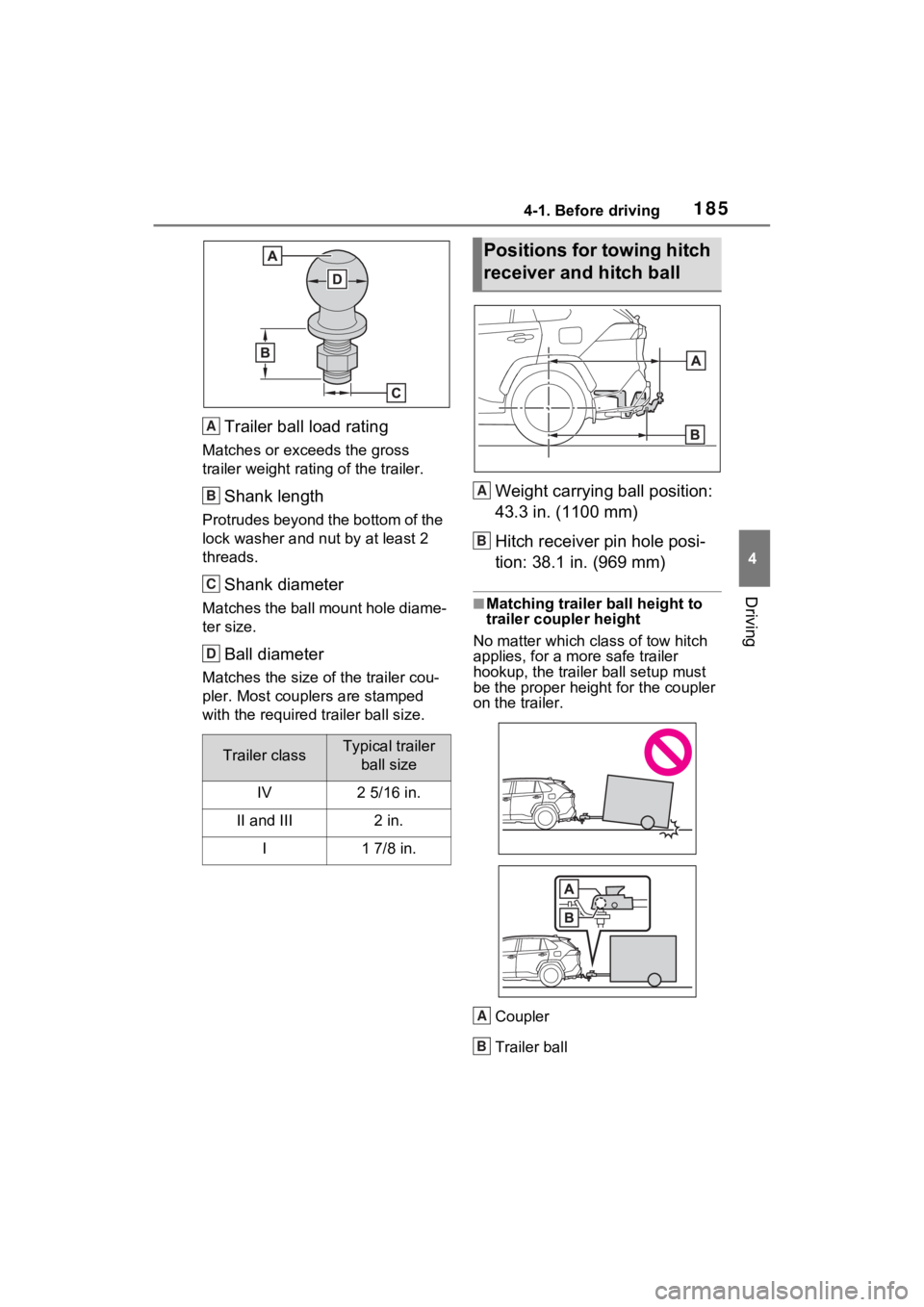 TOYOTA RAV4 2022 Owners Manual 1854-1. Before driving
4
Driving
Trailer ball load rating
Matches or exceeds the gross
trailer weight rating of the trailer.
Shank length
Protrudes beyond the bottom of the
lock washer and nut by at TOYOTA RAV4 2022 Owners Manual 1854-1. Before driving
4
Driving
Trailer ball load rating
Matches or exceeds the gross
trailer weight rating of the trailer.
Shank length
Protrudes beyond the bottom of the
lock washer and nut by at