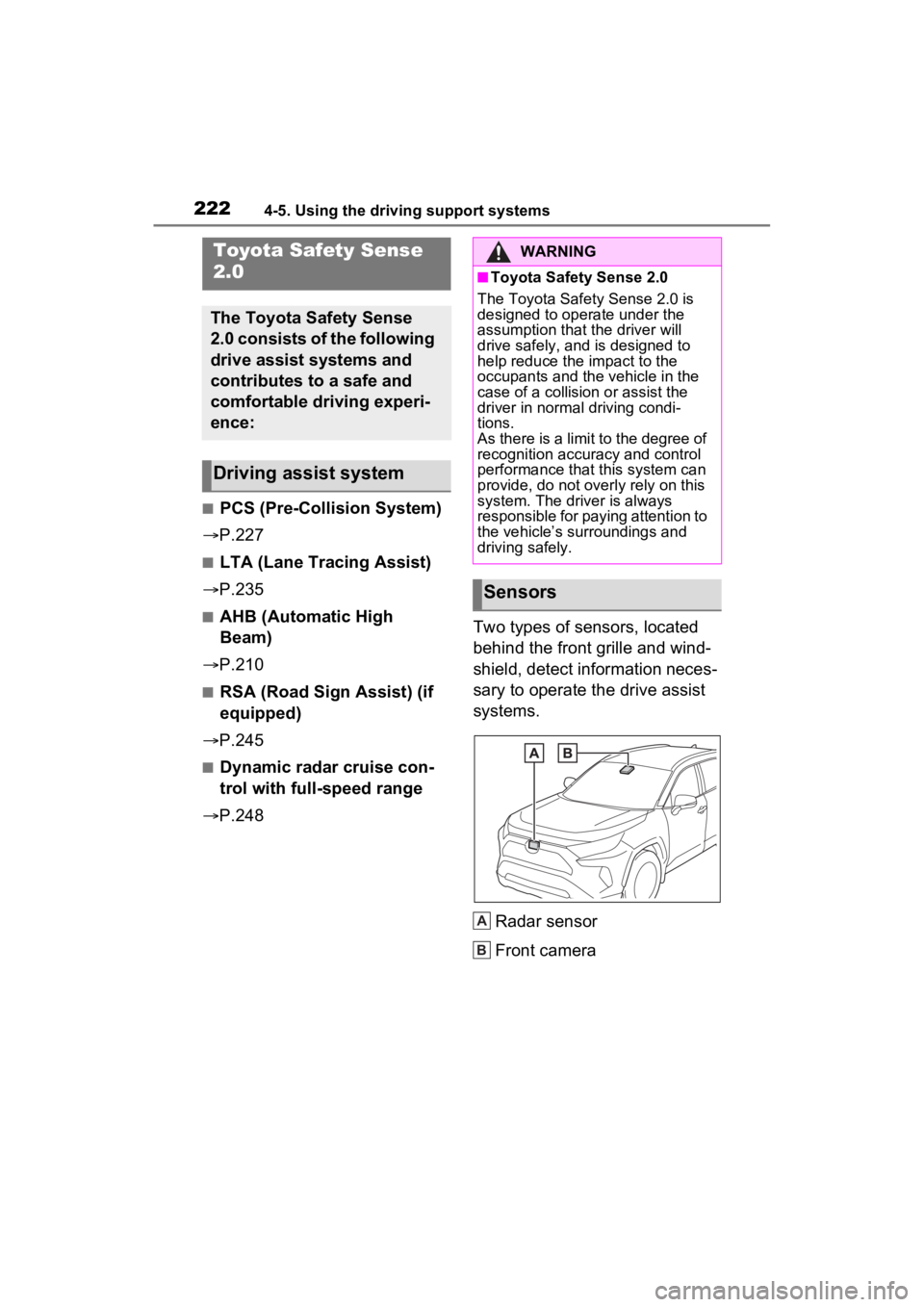 TOYOTA RAV4 2022 Owners Manual 2224-5. Using the driving support systems
4-5.Using the driving support systems
■PCS (Pre-Collision System)
P.227
■LTA (Lane Tracing Assist)
P.235
■AHB (Automatic High
Beam)
P.210
TOYOTA RAV4 2022 Owners Manual 2224-5. Using the driving support systems
4-5.Using the driving support systems
■PCS (Pre-Collision System)
P.227
■LTA (Lane Tracing Assist)
P.235
■AHB (Automatic High
Beam)
P.210