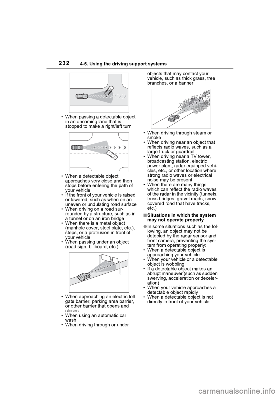TOYOTA RAV4 2022 Owners Manual 2324-5. Using the driving support systems
• When passing a detectable object in an oncoming lane that is
stopped to make a right/left turn
• When a detectable object approaches very close and th TOYOTA RAV4 2022 Owners Manual 2324-5. Using the driving support systems
• When passing a detectable object in an oncoming lane that is
stopped to make a right/left turn
• When a detectable object approaches very close and th