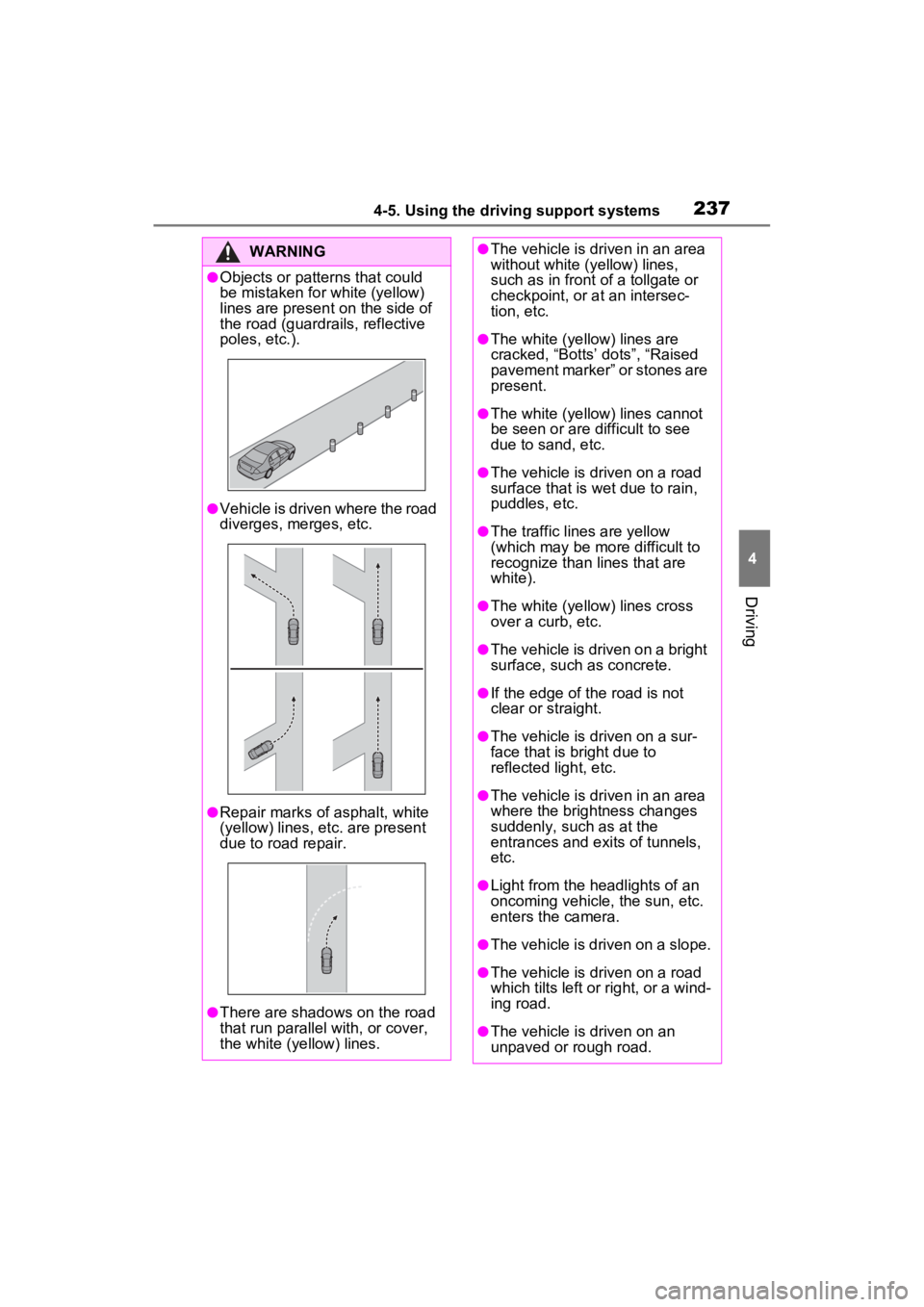 TOYOTA RAV4 2022 Owners Manual 2374-5. Using the driving support systems
4
Driving
WARNING
●Objects or patterns that could
be mistaken for white (yellow)
lines are present on the side of
the road (guardrails, reflective
poles TOYOTA RAV4 2022 Owners Manual 2374-5. Using the driving support systems
4
Driving
WARNING
●Objects or patterns that could
be mistaken for white (yellow)
lines are present on the side of
the road (guardrails, reflective
poles
