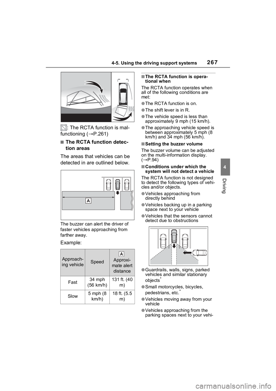 TOYOTA RAV4 2022 Owners Manual 2674-5. Using the driving support systems
4
Driving
: The RCTA function is mal-
functioning ( P.261)
■The RCTA function detec-
tion areas
The areas that vehicles can be
detected in are outlined TOYOTA RAV4 2022 Owners Manual 2674-5. Using the driving support systems
4
Driving
: The RCTA function is mal-
functioning ( P.261)
■The RCTA function detec-
tion areas
The areas that vehicles can be
detected in are outlined
