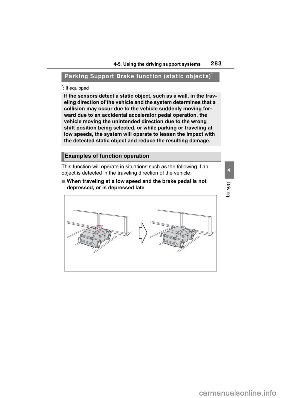 TOYOTA RAV4 2022 Owners Manual 2834-5. Using the driving support systems
4
Driving
*: If equipped
This function will operate in situations such as the following if an
object is detected in the traveling direction of the vehicle.
TOYOTA RAV4 2022 Owners Manual 2834-5. Using the driving support systems
4
Driving
*: If equipped
This function will operate in situations such as the following if an
object is detected in the traveling direction of the vehicle.