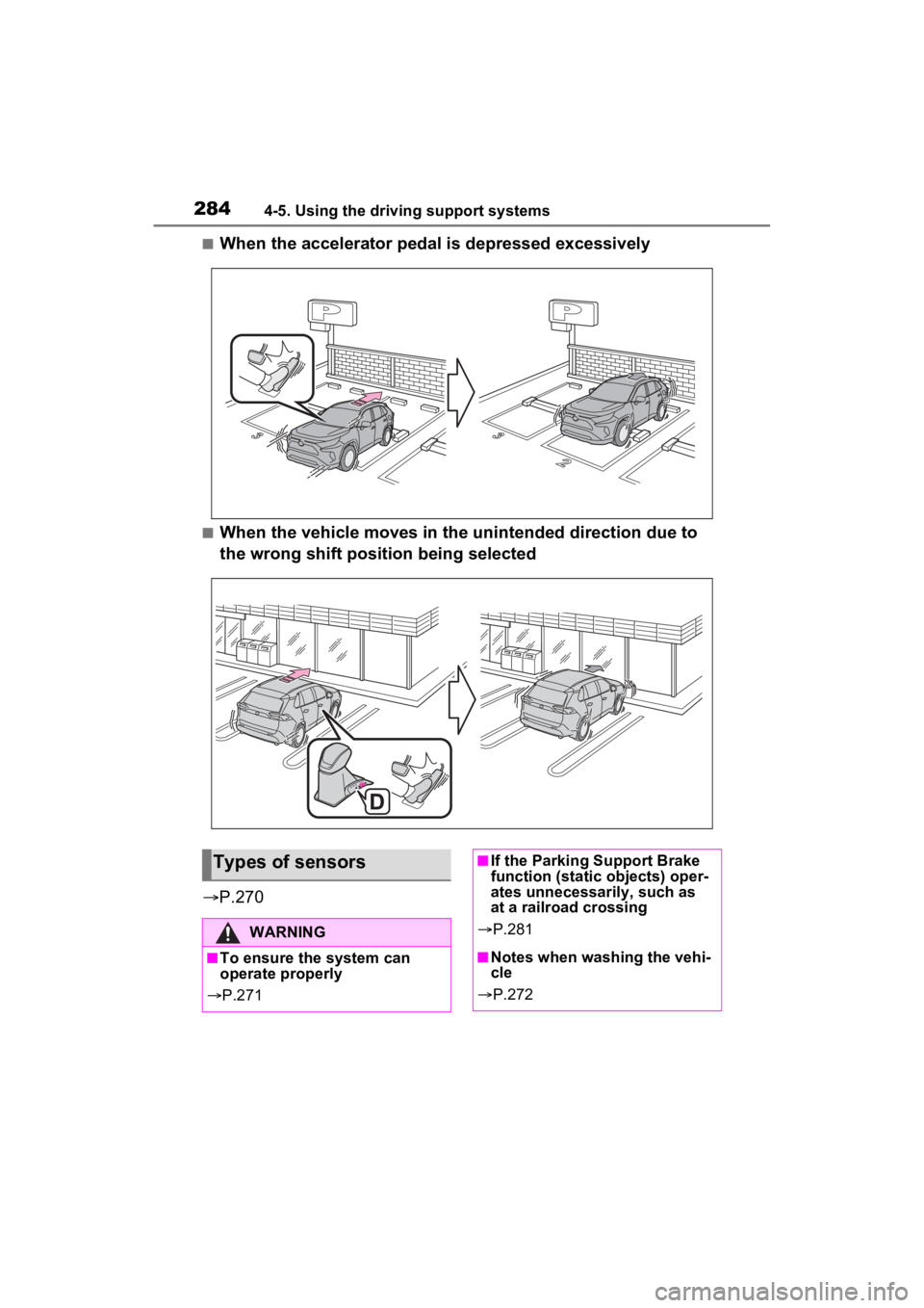 TOYOTA RAV4 2022 Owners Manual 2844-5. Using the driving support systems
■When the accelerator pedal is depressed excessively
■When the vehicle moves in the unintended direction due to
the wrong shift position being selected
TOYOTA RAV4 2022 Owners Manual 2844-5. Using the driving support systems
■When the accelerator pedal is depressed excessively
■When the vehicle moves in the unintended direction due to
the wrong shift position being selected