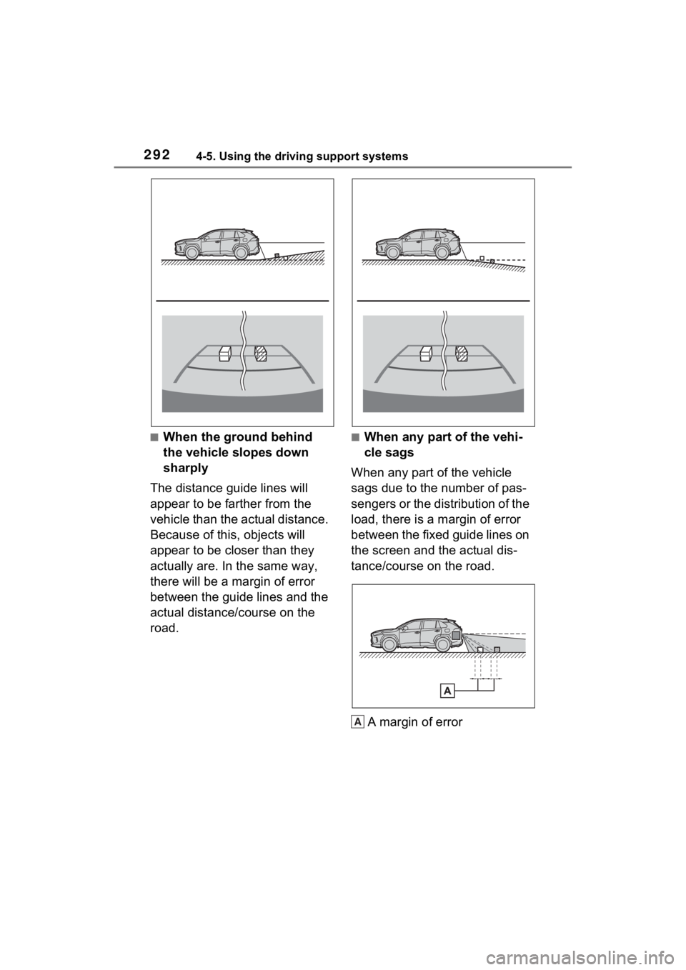 TOYOTA RAV4 2022 Owners Manual 2924-5. Using the driving support systems
■When the ground behind
the vehicle slopes down
sharply
The distance guide lines will
appear to be farther from the
vehicle than the actual distance.
B TOYOTA RAV4 2022 Owners Manual 2924-5. Using the driving support systems
■When the ground behind
the vehicle slopes down
sharply
The distance guide lines will
appear to be farther from the
vehicle than the actual distance.
B
