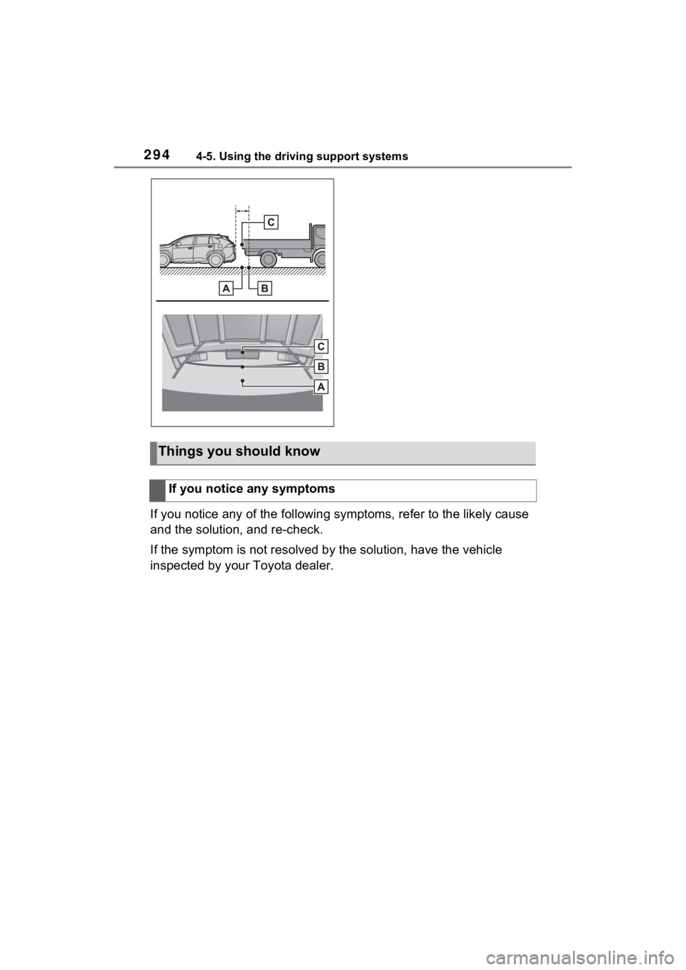 TOYOTA RAV4 2022 Owners Manual 2944-5. Using the driving support systems
If you notice any of the following symptoms, refer to the likely cause
and the solution, and re-check.
If the symptom is not resolved by the solution, have t TOYOTA RAV4 2022 Owners Manual 2944-5. Using the driving support systems
If you notice any of the following symptoms, refer to the likely cause
and the solution, and re-check.
If the symptom is not resolved by the solution, have t