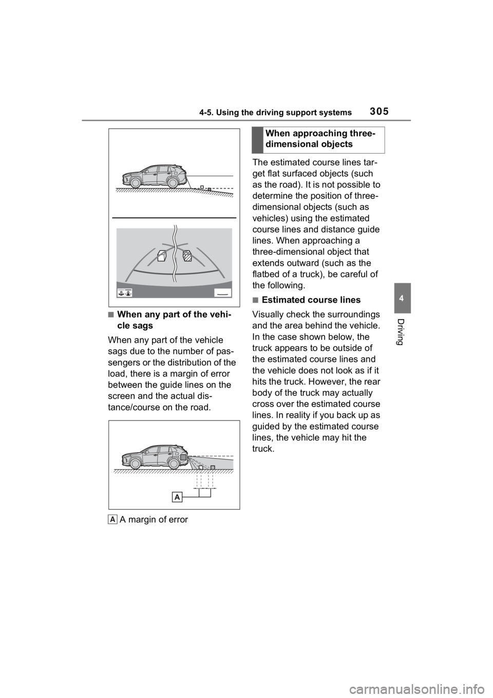 TOYOTA RAV4 2022 Owners Manual 3054-5. Using the driving support systems
4
Driving■When any part of the vehi-
cle sags
When any part of the vehicle
sags due to the number of pas-
sengers or the distribution of the
load, there i TOYOTA RAV4 2022 Owners Manual 3054-5. Using the driving support systems
4
Driving■When any part of the vehi-
cle sags
When any part of the vehicle
sags due to the number of pas-
sengers or the distribution of the
load, there i