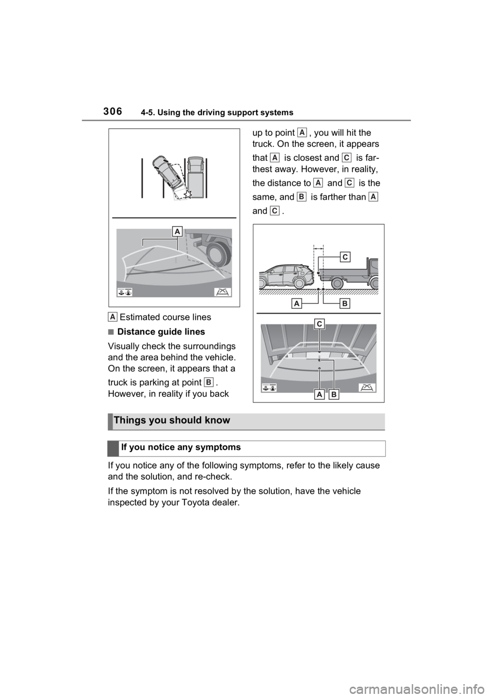 TOYOTA RAV4 2022 Owners Manual 3064-5. Using the driving support systems
Estimated course lines
■Distance guide lines
Visually check the surroundings
and the area behind the vehicle.
On the screen, it appears that a
truck is p TOYOTA RAV4 2022 Owners Manual 3064-5. Using the driving support systems
Estimated course lines
■Distance guide lines
Visually check the surroundings
and the area behind the vehicle.
On the screen, it appears that a
truck is p