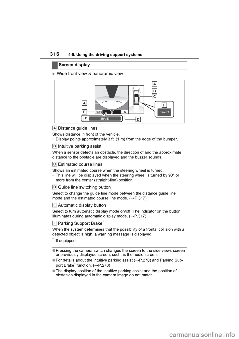 TOYOTA RAV4 2022  Owners Manual 3164-5. Using the driving support systems
Wide front view & panoramic viewDistance guide lines
Shows distance in front of the vehicle.
• Display points approximately 3  ft. (1 m) from the edge of