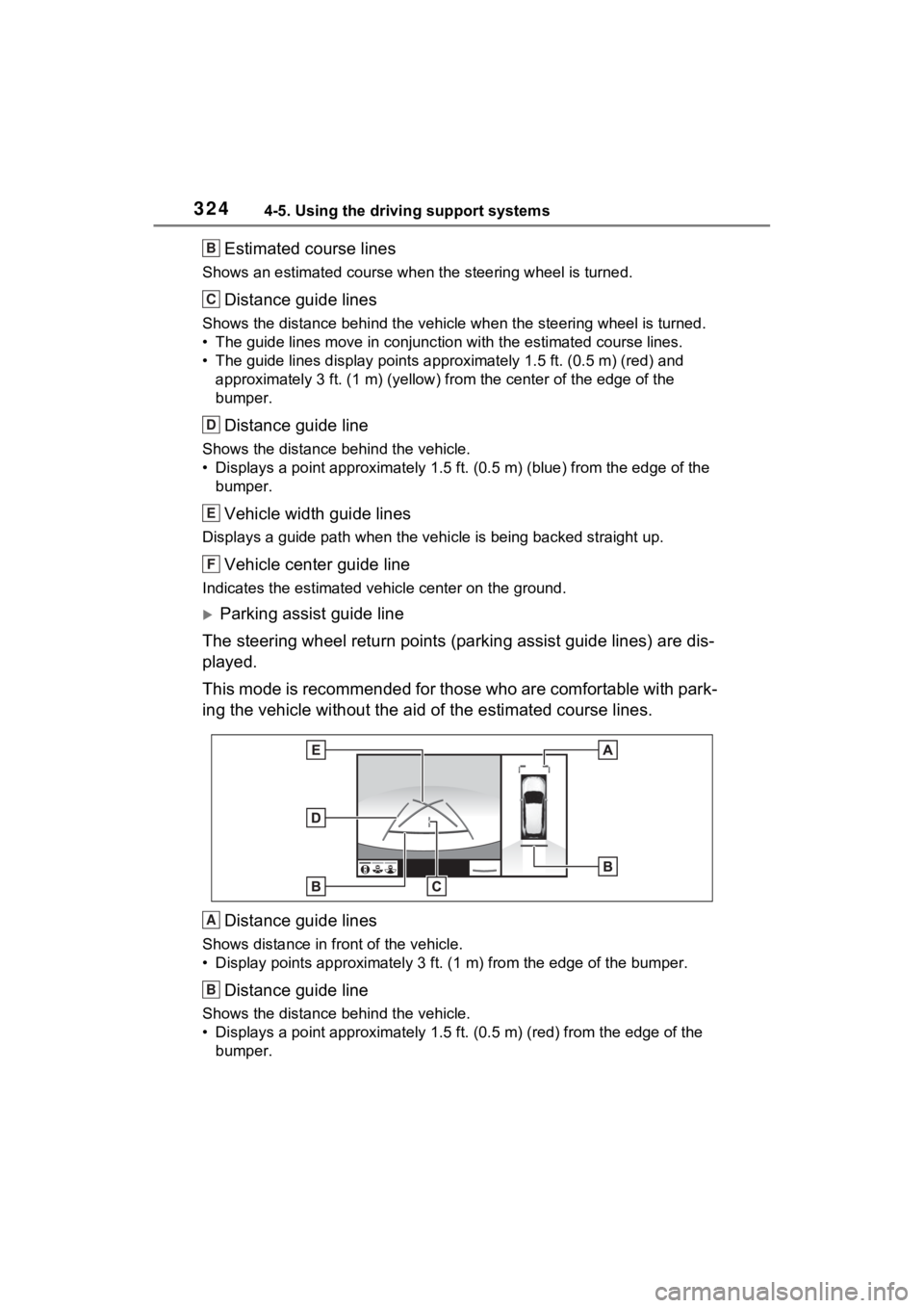 TOYOTA RAV4 2022 Owners Manual 3244-5. Using the driving support systems
Estimated course lines
Shows an estimated course when the steering wheel is turned.
Distance guide lines
Shows the distance behind the vehicle when the steeri TOYOTA RAV4 2022 Owners Manual 3244-5. Using the driving support systems
Estimated course lines
Shows an estimated course when the steering wheel is turned.
Distance guide lines
Shows the distance behind the vehicle when the steeri