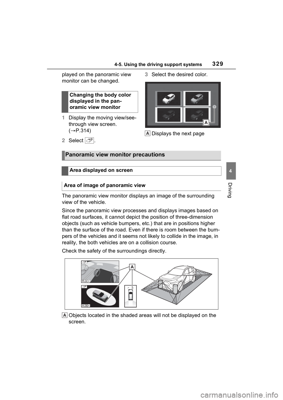 TOYOTA RAV4 2022  Owners Manual 3294-5. Using the driving support systems
4
Driving
played on the panoramic view 
monitor can be changed.
1Display the moving view/see-
through view screen. 
( P.314)
2 Select  . 3
Select the desir