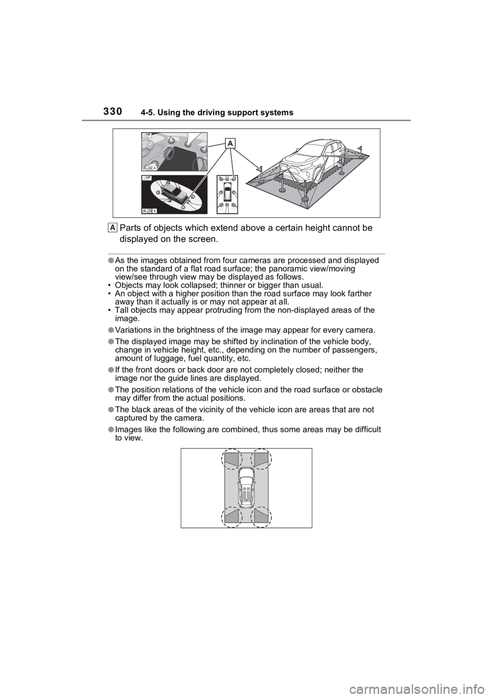 TOYOTA RAV4 2022  Owners Manual 3304-5. Using the driving support systems
Parts of objects which extend above a certain height cannot be 
displayed on the screen.
●As the images obtained from four  cameras are processed and displa
