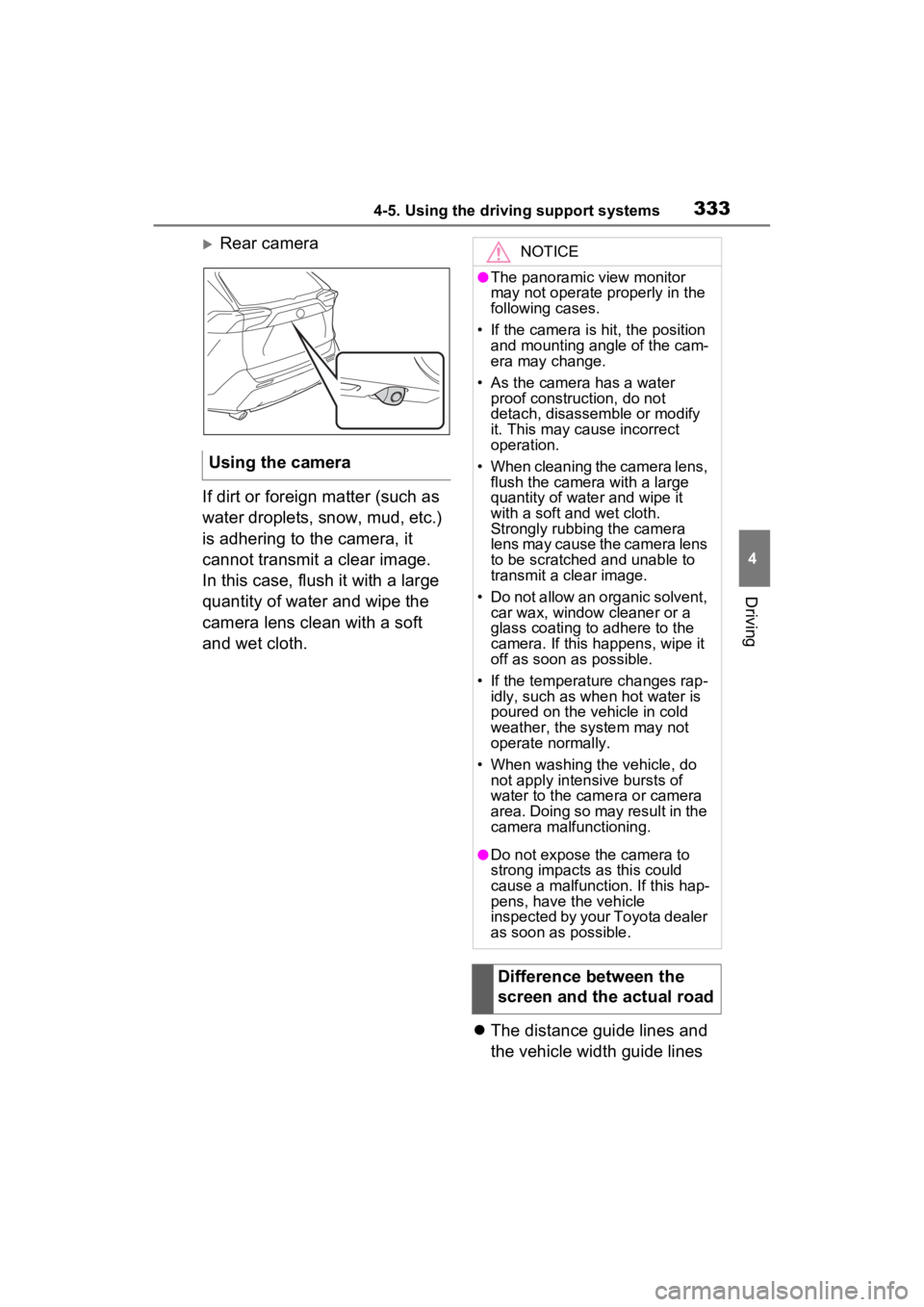 TOYOTA RAV4 2022 Owners Manual 3334-5. Using the driving support systems
4
Driving
Rear camera
If dirt or foreign matter (such as
water droplets, snow, mud, etc.)
is adhering to the camera, it
cannot transmit a clear image.
TOYOTA RAV4 2022 Owners Manual 3334-5. Using the driving support systems
4
Driving
Rear camera
If dirt or foreign matter (such as
water droplets, snow, mud, etc.)
is adhering to the camera, it
cannot transmit a clear image.