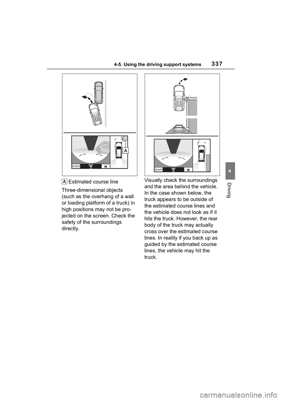 TOYOTA RAV4 2022 Owners Manual 3374-5. Using the driving support systems
4
DrivingEstimated course line
Three-dimensional objects
(such as the overhang of a wall
or loading platform of a truck) in
high positions may not be pro-
TOYOTA RAV4 2022 Owners Manual 3374-5. Using the driving support systems
4
DrivingEstimated course line
Three-dimensional objects
(such as the overhang of a wall
or loading platform of a truck) in
high positions may not be pro-