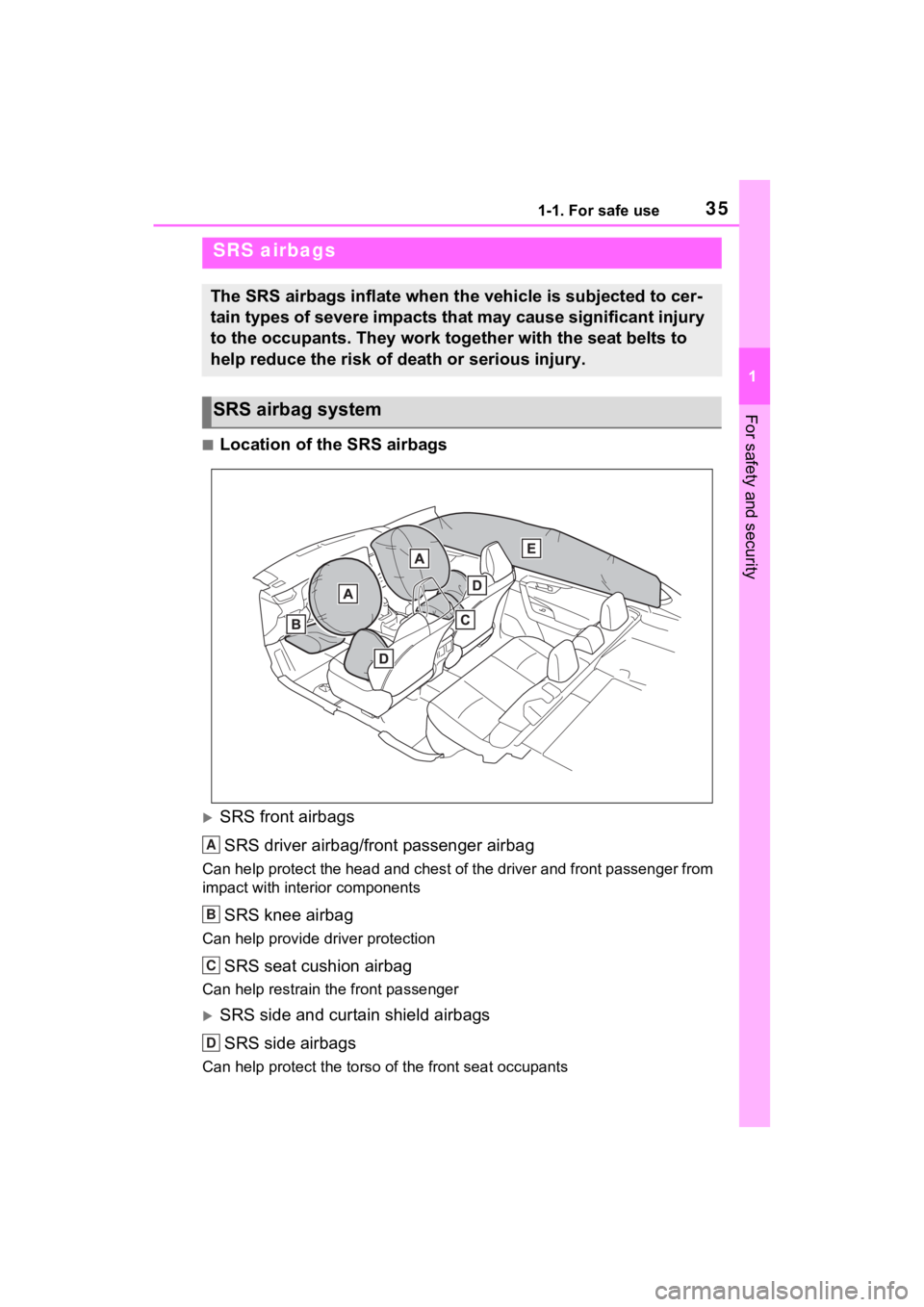 TOYOTA RAV4 2022 Owners Guide 351-1. For safe use
1
For safety and security
■Location of the SRS airbags
SRS front airbagsSRS driver airbag/front passenger airbag
Can help protect the head and chest of the driver and front pa TOYOTA RAV4 2022 Owners Guide 351-1. For safe use
1
For safety and security
■Location of the SRS airbags
SRS front airbagsSRS driver airbag/front passenger airbag
Can help protect the head and chest of the driver and front pa