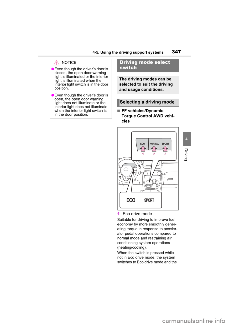 TOYOTA RAV4 2022 Owners Manual 3474-5. Using the driving support systems
4
Driving
■FF vehicles/Dynamic
Torque Control AWD vehi-
cles
1 Eco drive mode
Suitable for driving to improve fuel
economy by more smoothly gener-
ating TOYOTA RAV4 2022 Owners Manual 3474-5. Using the driving support systems
4
Driving
■FF vehicles/Dynamic
Torque Control AWD vehi-
cles
1 Eco drive mode
Suitable for driving to improve fuel
economy by more smoothly gener-
ating
