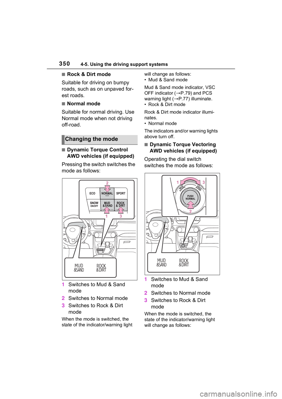 TOYOTA RAV4 2022 Owners Manual 3504-5. Using the driving support systems
■Rock & Dirt mode
Suitable for driving on bumpy
roads, such as on unpaved for-
est roads.
■Normal mode
Suitable for normal driving. Use
Normal mode when TOYOTA RAV4 2022 Owners Manual 3504-5. Using the driving support systems
■Rock & Dirt mode
Suitable for driving on bumpy
roads, such as on unpaved for-
est roads.
■Normal mode
Suitable for normal driving. Use
Normal mode when
