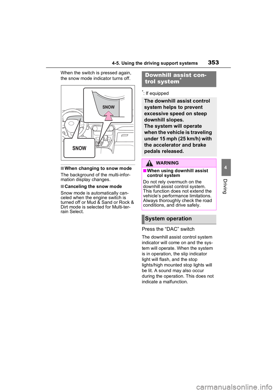 TOYOTA RAV4 2022 Owners Manual 3534-5. Using the driving support systems
4
Driving
When the switch is pressed again,
the snow mode indicator turns off.
■When changing to snow mode
The background of the multi-infor-
mation displa TOYOTA RAV4 2022 Owners Manual 3534-5. Using the driving support systems
4
Driving
When the switch is pressed again,
the snow mode indicator turns off.
■When changing to snow mode
The background of the multi-infor-
mation displa