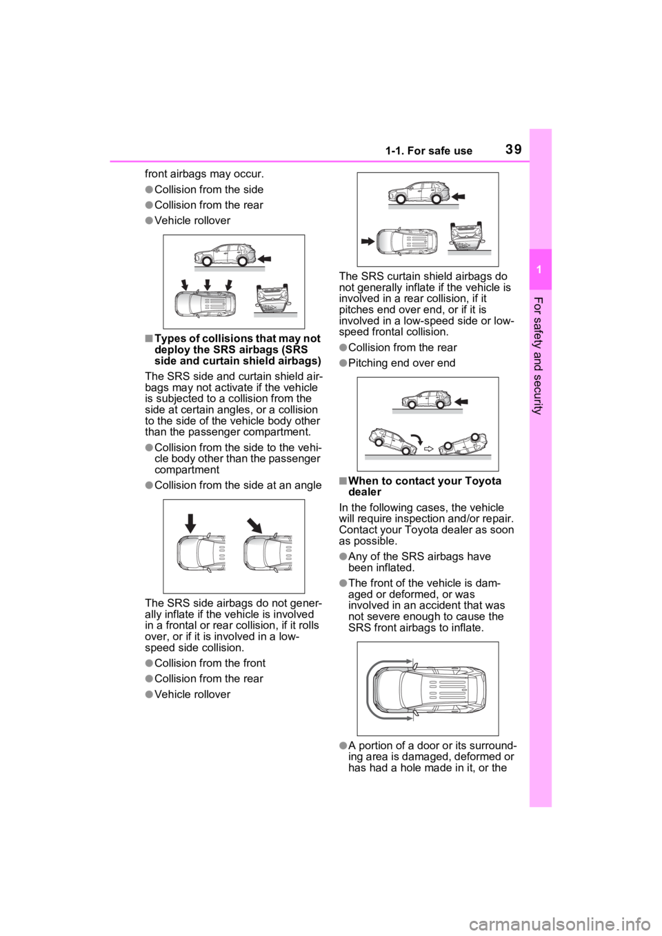 TOYOTA RAV4 2022 Owners Guide 391-1. For safe use
1
For safety and security
front airbags may occur.
●Collision from the side
●Collision from the rear
●Vehicle rollover
■Types of collisions that may not
deploy the SRS ai TOYOTA RAV4 2022 Owners Guide 391-1. For safe use
1
For safety and security
front airbags may occur.
●Collision from the side
●Collision from the rear
●Vehicle rollover
■Types of collisions that may not
deploy the SRS ai