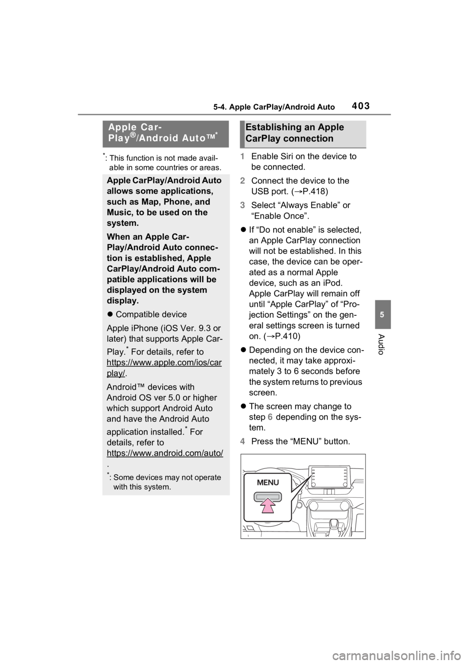 TOYOTA RAV4 2022  Owners Manual 4035-4. Apple CarPlay/Android Auto
5
Audio
5-4.Apple CarPlay/Android Auto
*: This function is not made avail-able in some countries or areas.1 Enable Siri on the device to 
be connected.
2 Connect the