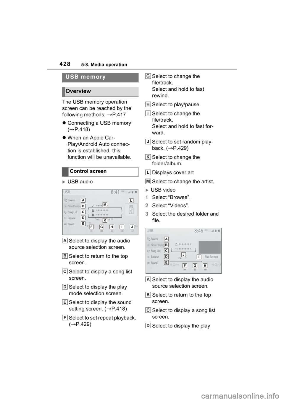 TOYOTA RAV4 2022 Owners Manual 4285-8. Media operation
5-8.Media operation
The USB memory operation
screen can be reached by the
following methods: P.417
Connecting a USB memory
( P.418)
When an Apple Car-
Play/And TOYOTA RAV4 2022 Owners Manual 4285-8. Media operation
5-8.Media operation
The USB memory operation
screen can be reached by the
following methods: P.417
Connecting a USB memory
( P.418)
When an Apple Car-
Play/And