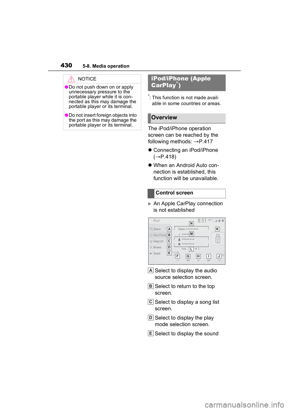 TOYOTA RAV4 2022 Owners Manual 4305-8. Media operation
*: This function is not made avail-able in some countries or areas.
The iPod/iPhone operation
screen can be reached by the
following methods: P.417
Connecting an iPod TOYOTA RAV4 2022 Owners Manual 4305-8. Media operation
*: This function is not made avail-able in some countries or areas.
The iPod/iPhone operation
screen can be reached by the
following methods: P.417
Connecting an iPod