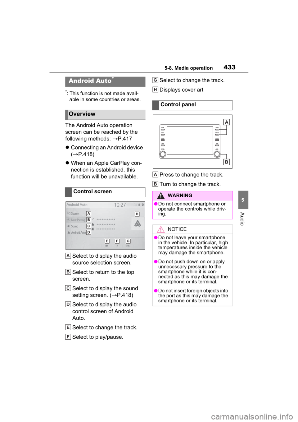 TOYOTA RAV4 2022 Owners Manual 4335-8. Media operation
5
Audio
*: This function is not made avail-able in some countries or areas.
The Android Auto operation
screen can be reached by the
following methods: P.417
Connectin TOYOTA RAV4 2022 Owners Manual 4335-8. Media operation
5
Audio
*: This function is not made avail-able in some countries or areas.
The Android Auto operation
screen can be reached by the
following methods: P.417
Connectin