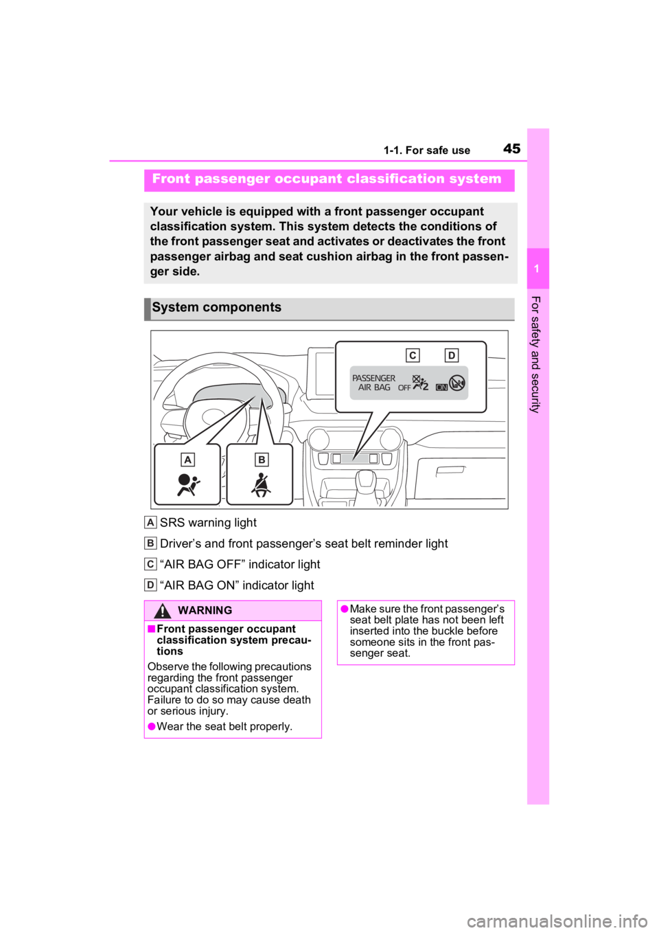 TOYOTA RAV4 2022 Service Manual 451-1. For safe use
1
For safety and security
SRS warning light
Driver’s and front passenger’s seat belt reminder light
“AIR BAG OFF” indicator light
“AIR BAG ON” indicator light
Front pas