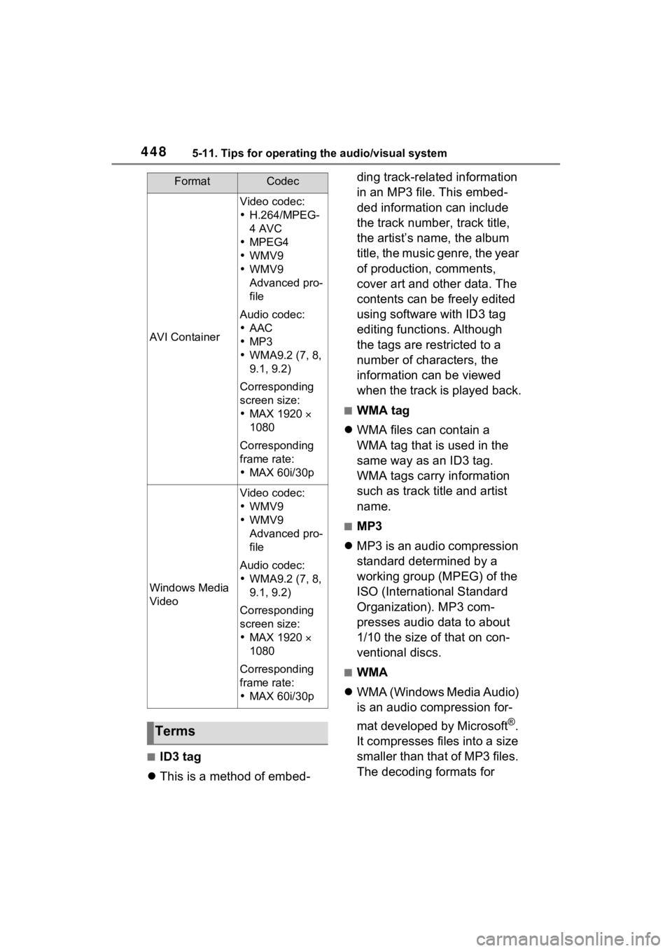 TOYOTA RAV4 2022 Owners Manual 4485-11. Tips for operating the audio/visual system
■ID3 tag
This is a method of embed- ding track-related information
in an MP3 file. This embed-
ded information can include
the track number, TOYOTA RAV4 2022 Owners Manual 4485-11. Tips for operating the audio/visual system
■ID3 tag
This is a method of embed- ding track-related information
in an MP3 file. This embed-
ded information can include
the track number,