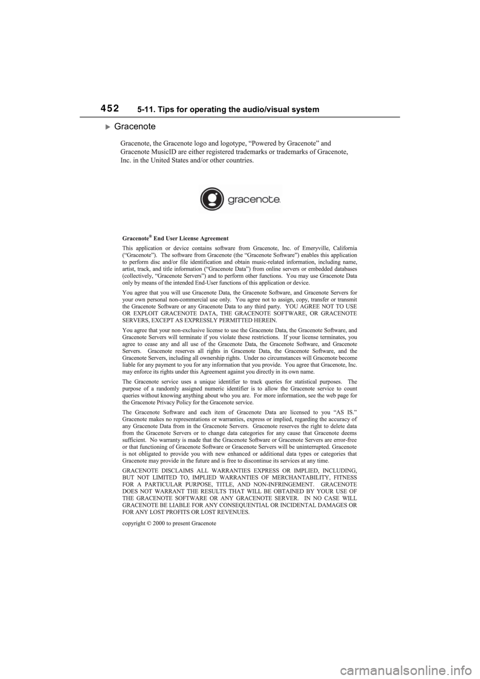 TOYOTA RAV4 2022 Owners Manual 4525-11. Tips for operating the audio/visual system
Gracenote TOYOTA RAV4 2022 Owners Manual 4525-11. Tips for operating the audio/visual system
Gracenote