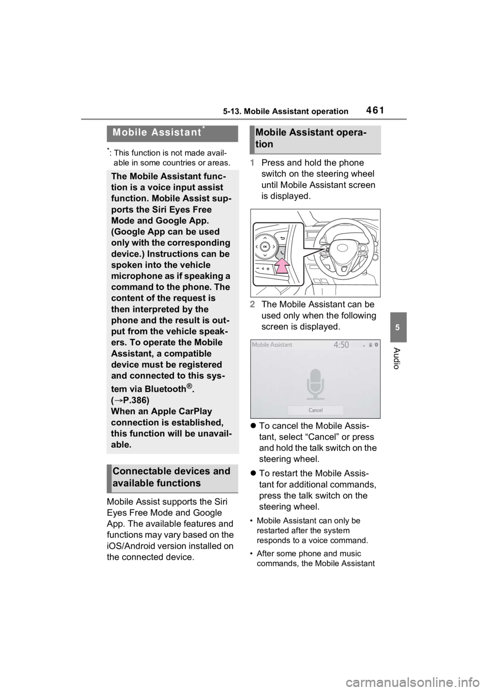 TOYOTA RAV4 2022 Owners Manual 4615-13. Mobile Assistant operation
5
Audio
5-13.Mobile Assistant operation
*: This function is not made avail-able in some countries or areas.
Mobile Assist supports the Siri
Eyes Free Mode and Goog TOYOTA RAV4 2022 Owners Manual 4615-13. Mobile Assistant operation
5
Audio
5-13.Mobile Assistant operation
*: This function is not made avail-able in some countries or areas.
Mobile Assist supports the Siri
Eyes Free Mode and Goog