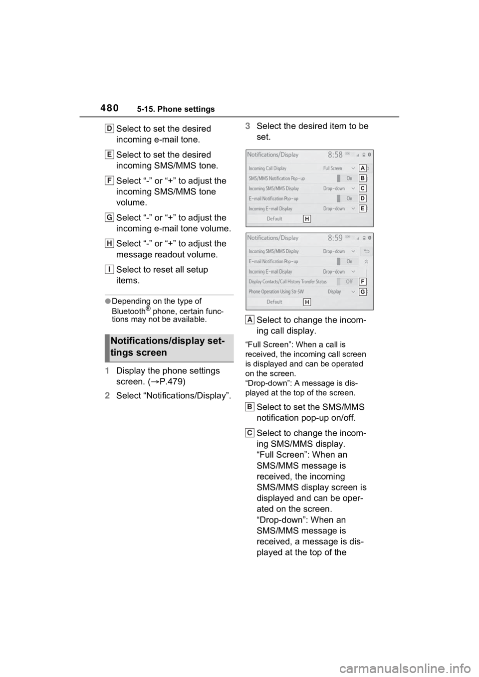 TOYOTA RAV4 2022  Owners Manual 4805-15. Phone settings
Select to set the desired 
incoming e-mail tone.
Select to set the desired 
incoming SMS/MMS tone.
Select “-” or “+” to adjust the 
incoming SMS/MMS tone 
volume.
Selec