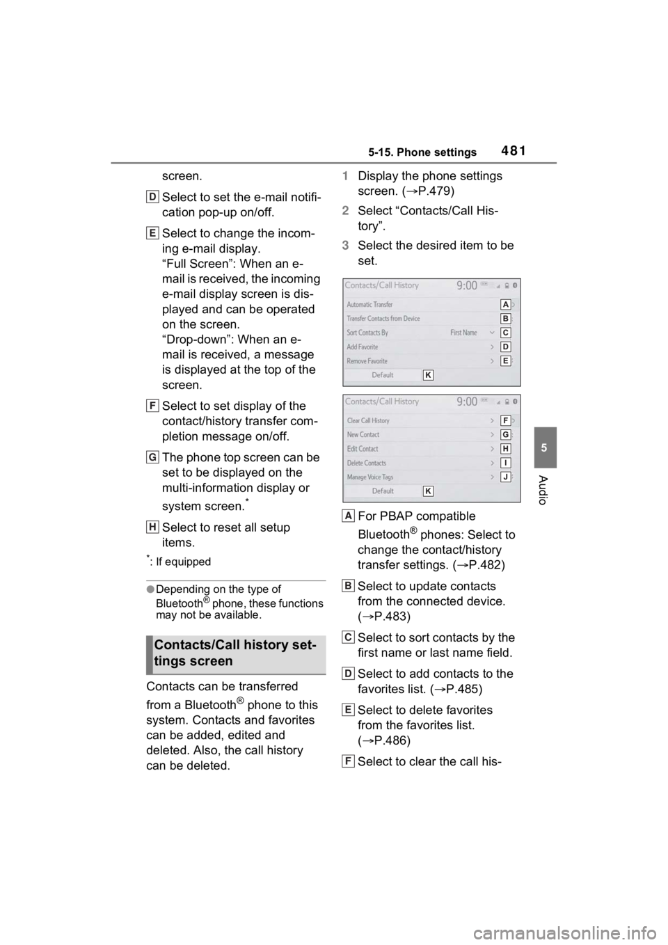 TOYOTA RAV4 2022 Owners Manual 4815-15. Phone settings
5
Audio
screen.
Select to set the e-mail notifi-
cation pop-up on/off.
Select to change the incom-
ing e-mail display.
“Full Screen”: When an e-
mail is received, the incom TOYOTA RAV4 2022 Owners Manual 4815-15. Phone settings
5
Audio
screen.
Select to set the e-mail notifi-
cation pop-up on/off.
Select to change the incom-
ing e-mail display.
“Full Screen”: When an e-
mail is received, the incom