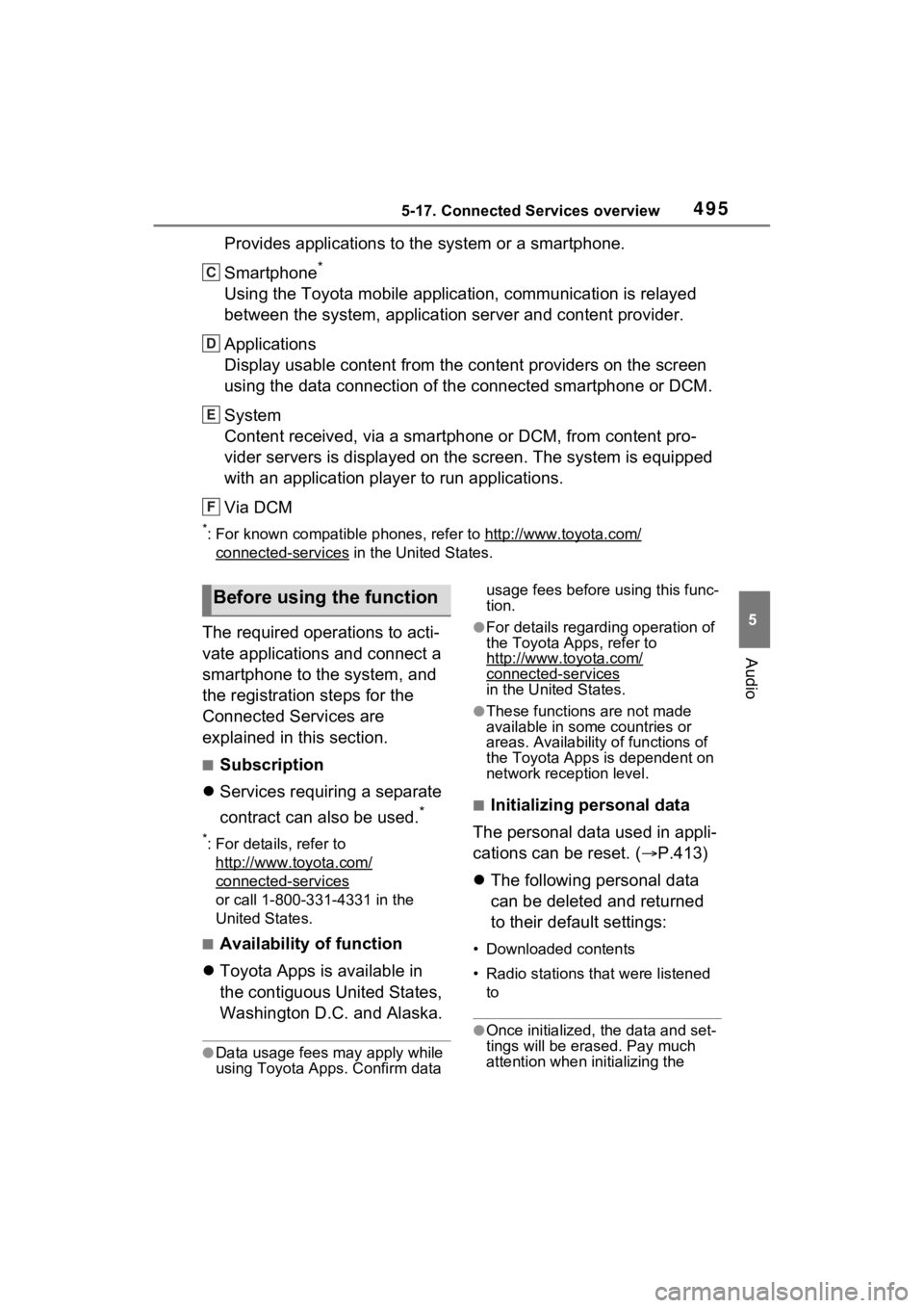TOYOTA RAV4 2022  Owners Manual 4955-17. Connected Services overview
5
Audio
Provides applications to the system or a smartphone.
Smartphone
*
Using the Toyota mobile application, communication is relayed 
between the system, applic