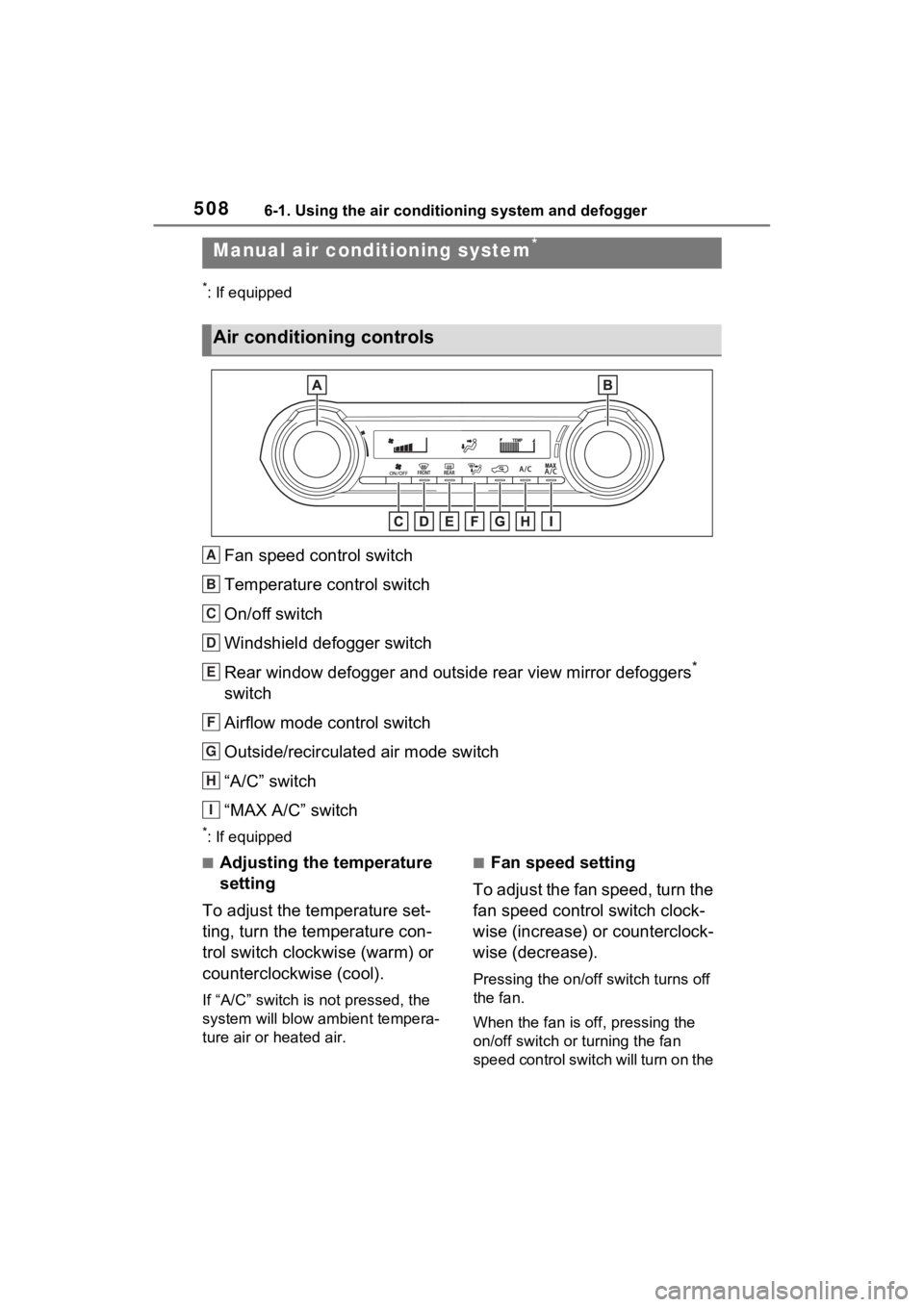 TOYOTA RAV4 2022  Owners Manual 5086-1. Using the air conditioning system and defogger
6-1.Using the air conditioning system and defogger
*: If equipped
Fan speed control switch
Temperature control switch
On/off switch
Windshield de