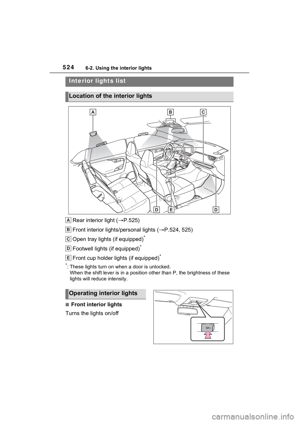 TOYOTA RAV4 2022 Owners Manual 5246-2. Using the interior lights
6-2.Using the interior lights
Rear interior light (P.525)
Front interior lights/personal lights ( P.524, 525)
Open tray lights (if equipped)
*
Footwell lights ( TOYOTA RAV4 2022 Owners Manual 5246-2. Using the interior lights
6-2.Using the interior lights
Rear interior light (P.525)
Front interior lights/personal lights ( P.524, 525)
Open tray lights (if equipped)
*
Footwell lights (