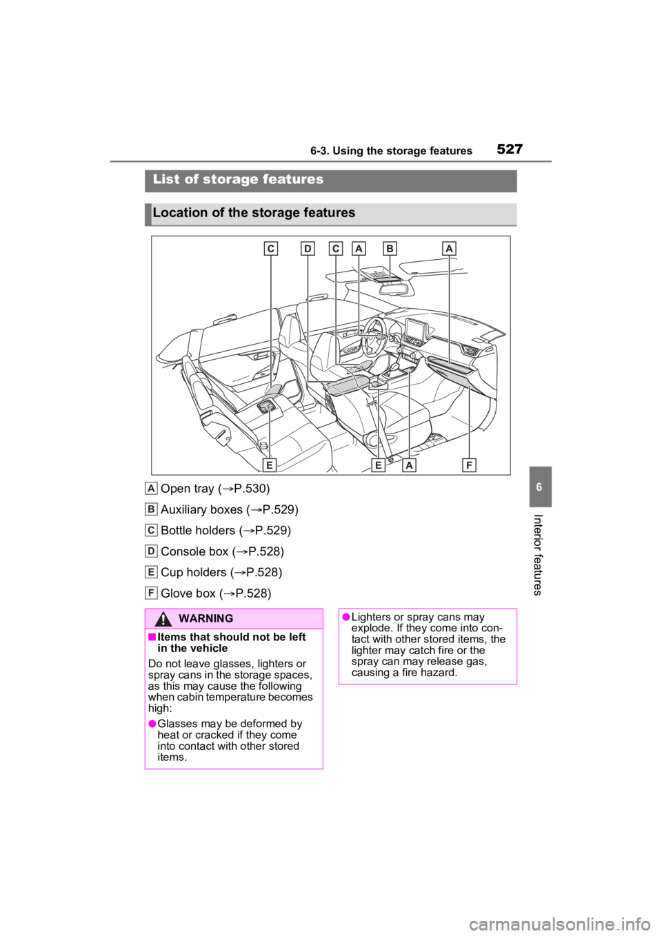 TOYOTA RAV4 2022 Owners Manual 5276-3. Using the storage features
6
Interior features
6-3.Using the storage features
Open tray (P.530)
Auxiliary boxes ( P.529)
Bottle holders ( P.529)
Console box ( P.528)
Cup holders ( TOYOTA RAV4 2022 Owners Manual 5276-3. Using the storage features
6
Interior features
6-3.Using the storage features
Open tray (P.530)
Auxiliary boxes ( P.529)
Bottle holders ( P.529)
Console box ( P.528)
Cup holders (