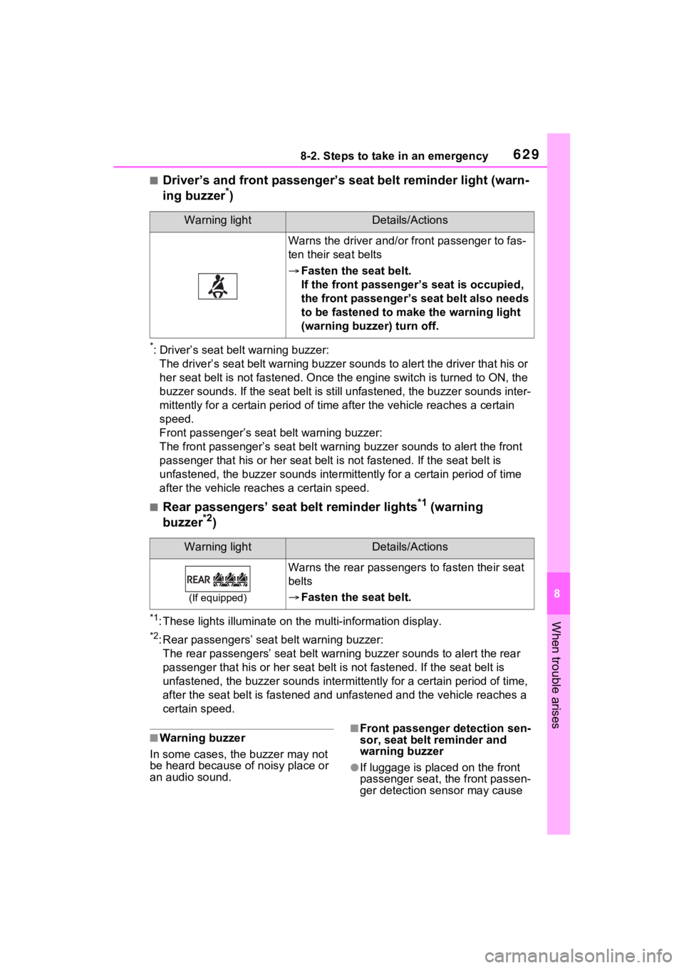 TOYOTA RAV4 2022 Owners Manual 6298-2. Steps to take in an emergency
8
When trouble arises
■Driver’s and front passenger’s seat belt reminder light (warn-
ing buzzer*)
*: Driver’s seat belt warning buzzer:
The driver’s se TOYOTA RAV4 2022 Owners Manual 6298-2. Steps to take in an emergency
8
When trouble arises
■Driver’s and front passenger’s seat belt reminder light (warn-
ing buzzer*)
*: Driver’s seat belt warning buzzer:
The driver’s se