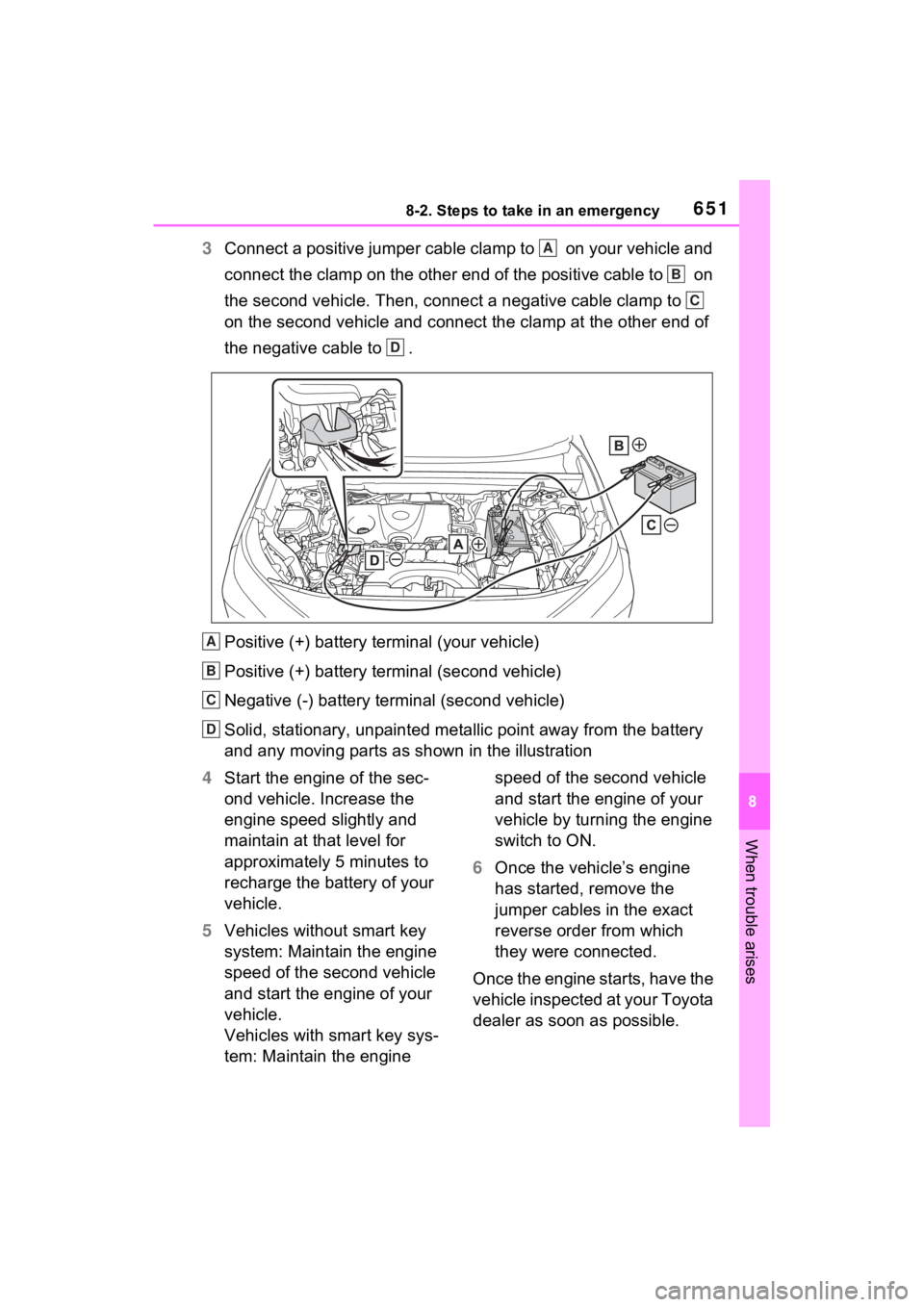 TOYOTA RAV4 2022 Owners Manual 6518-2. Steps to take in an emergency
8
When trouble arises
3Connect a positive jumper cable clamp to on your vehicle and
connect the clamp on the other end of the positive cable to on
the seco TOYOTA RAV4 2022 Owners Manual 6518-2. Steps to take in an emergency
8
When trouble arises
3Connect a positive jumper cable clamp to on your vehicle and
connect the clamp on the other end of the positive cable to on
the seco
